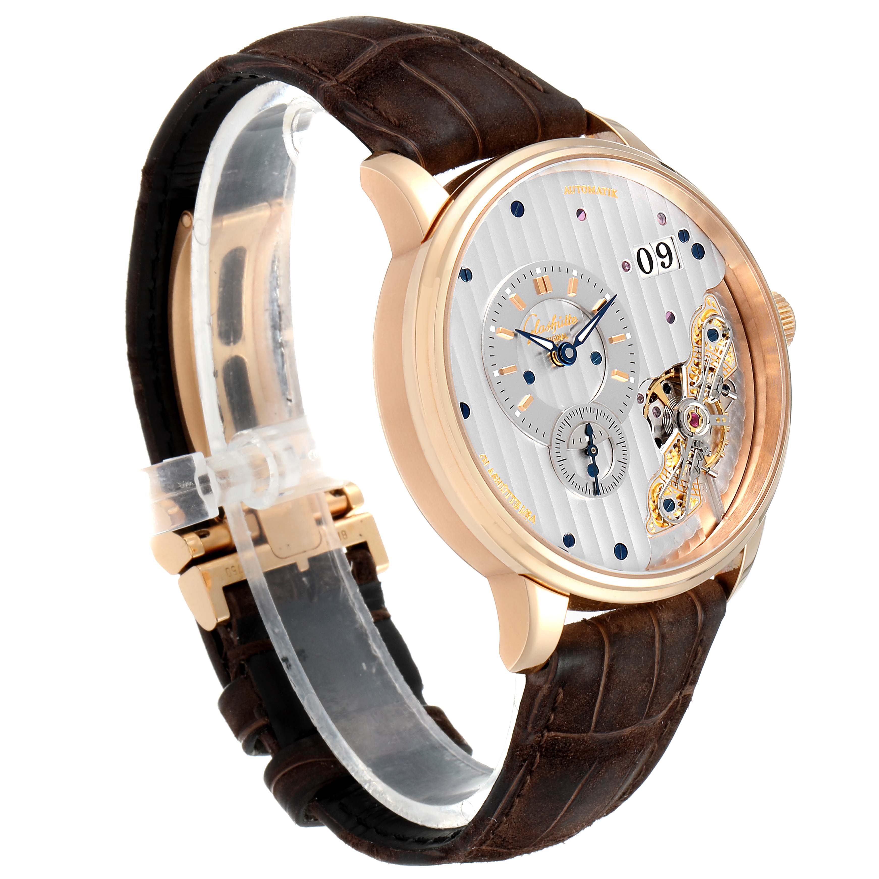 The image shows a Glashutte Original 1-91-02-01-05-30 Men's Rose Gold Grey Dial 1-91-02-01-05-30 Men's Rose Gold Grey Dial model watch angled from the front left, highlighting its dial, brown leather strap, and gold casing.