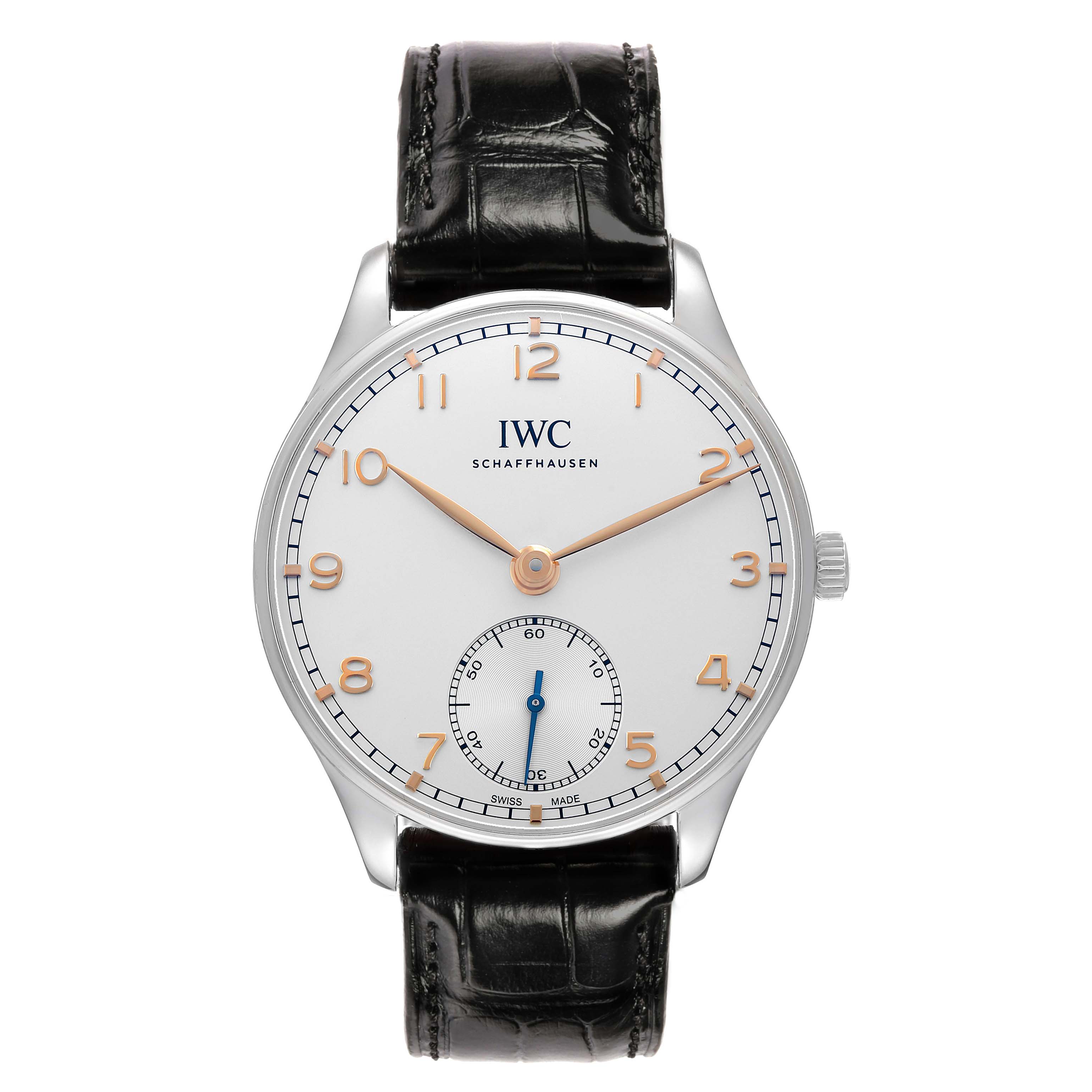The IWC Portuguese IW358303 Men's Stainless Steel Silver Dial watch is shown from the front, displaying the dial, hands, and strap.