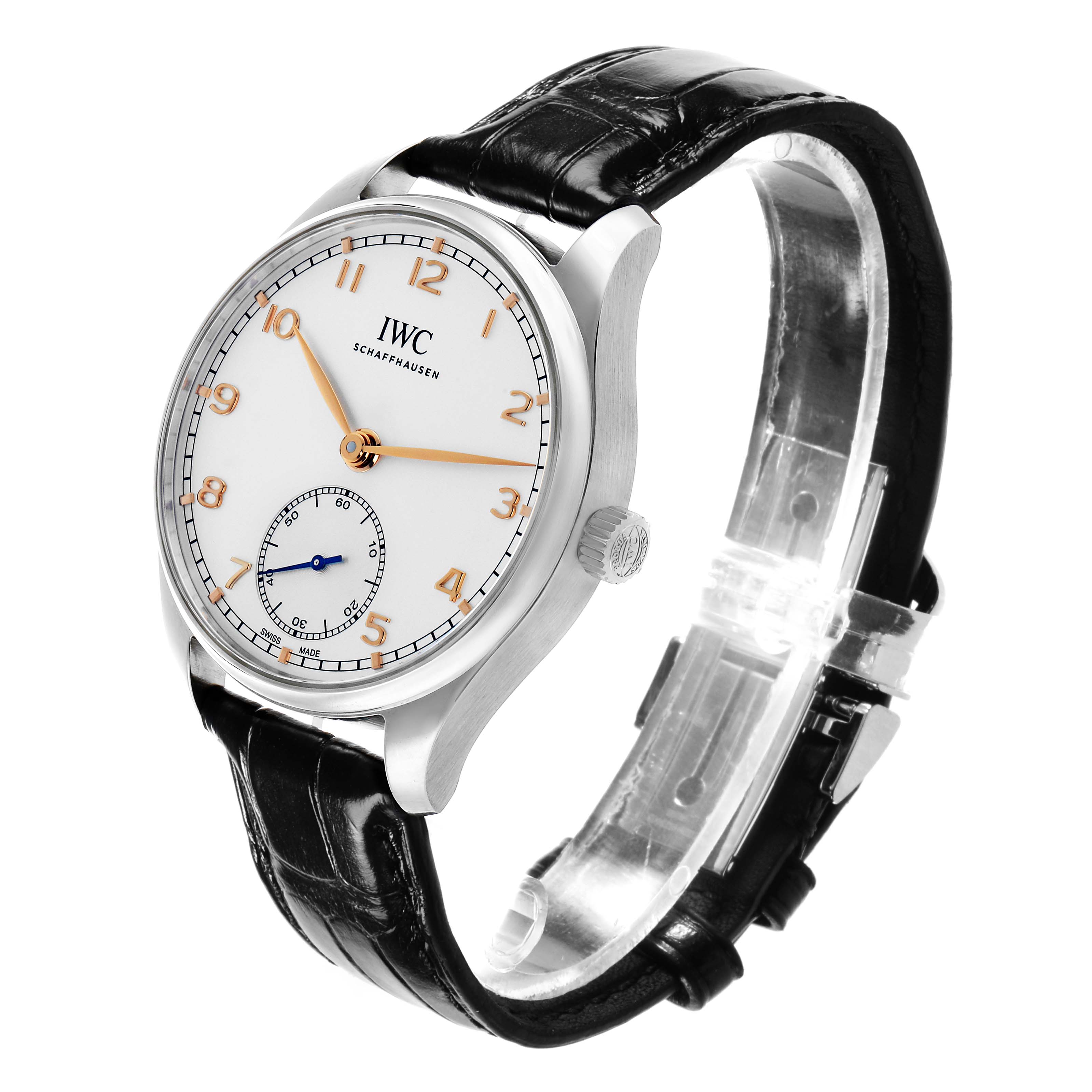 The IWC Portuguese IW358303 Men's Stainless Steel Silver Dial model watch is shown at a three-quarter angle, highlighting the dial, case, crown, and leather strap.