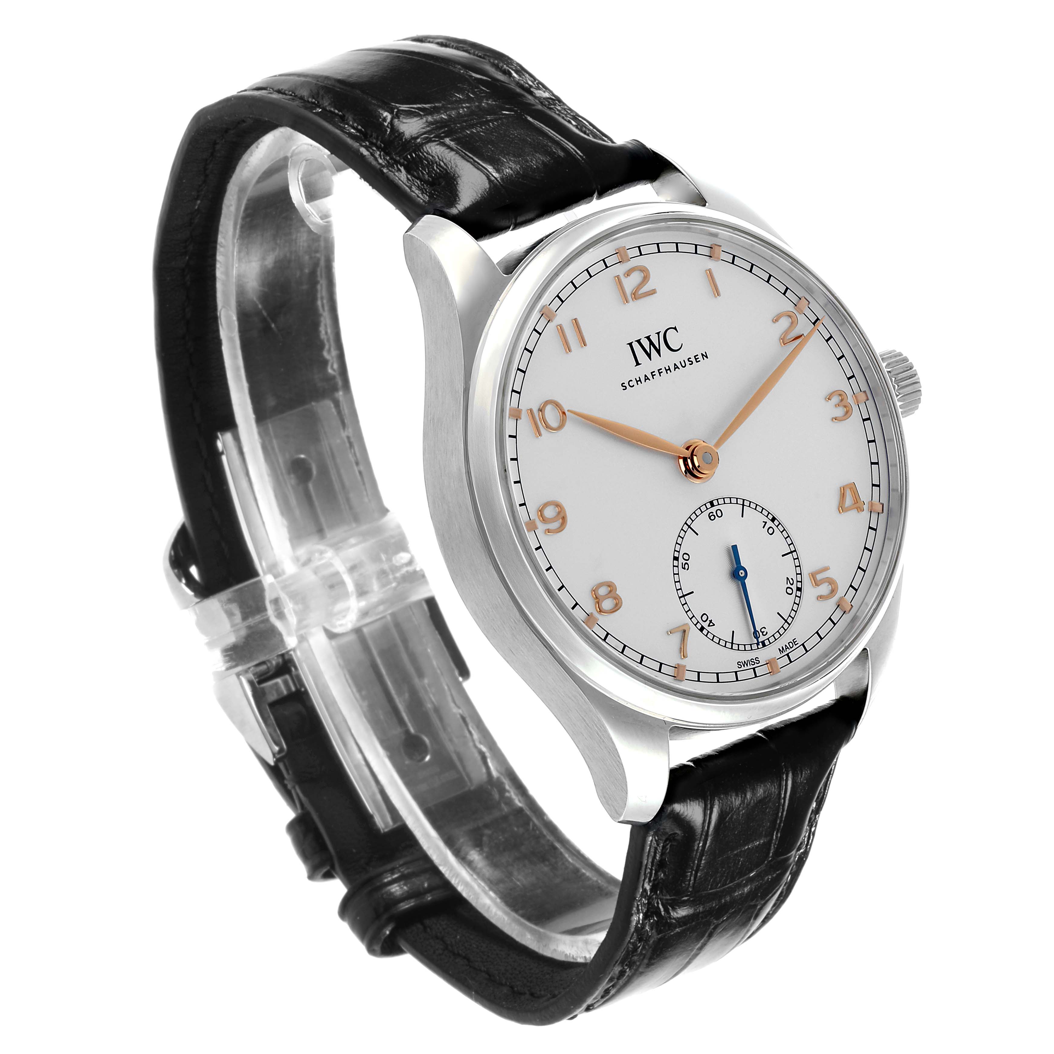 The IWC Portuguese IW358303 Men's Stainless Steel Silver Dial watch is shown at a diagonal angle, highlighting the face, crown, and leather strap.