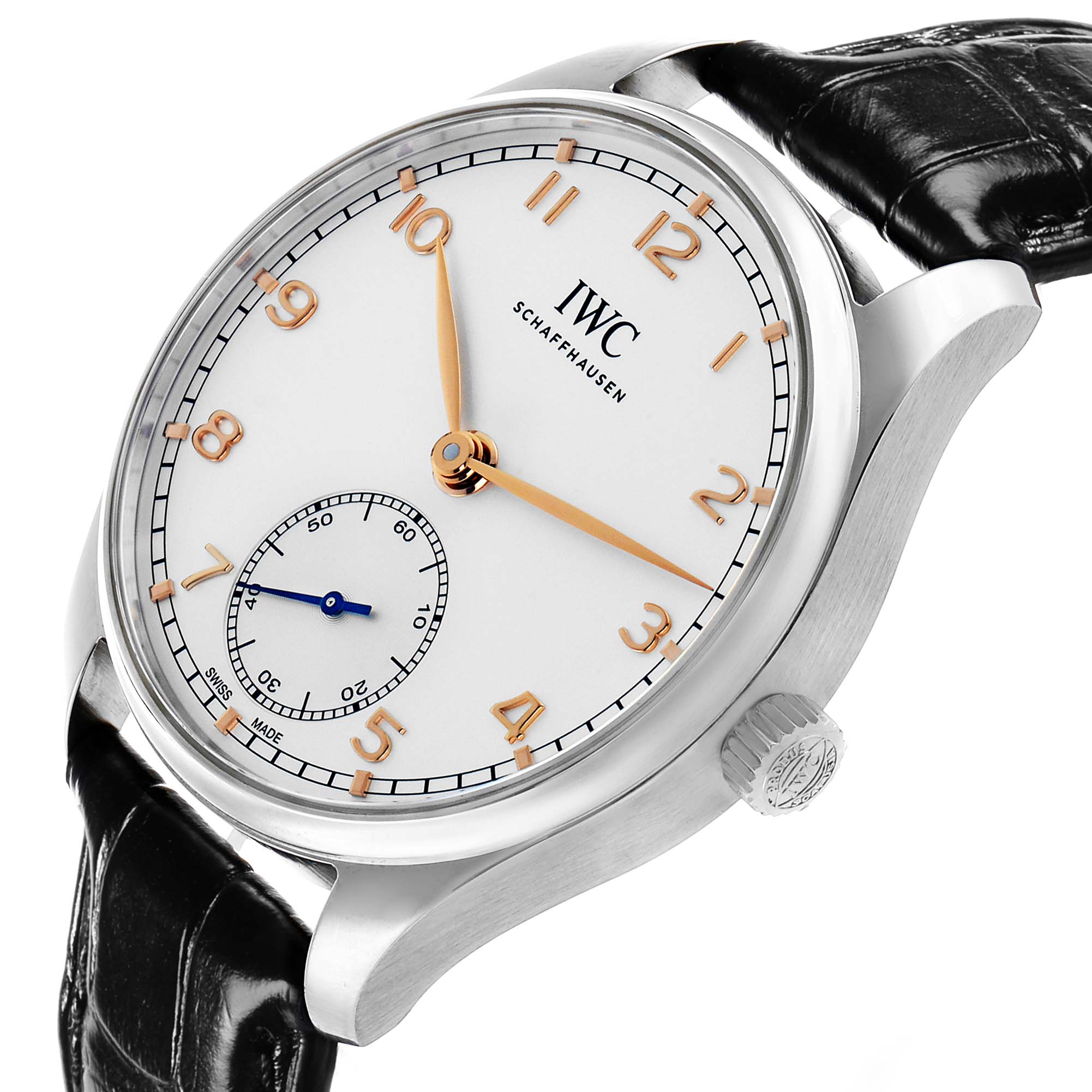 The IWC Portuguese IW358303 Men's Stainless Steel Silver Dial watch is shown from a side angle, displaying the dial, crown, and part of the leather strap.