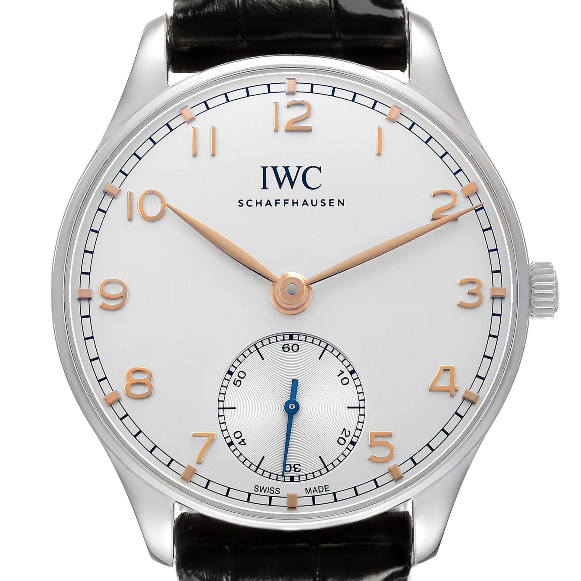 The IWC Portuguese IW358303 Men's Stainless Steel Silver Dial watch is shown from a front angle, highlighting the dial, hands, and crown.