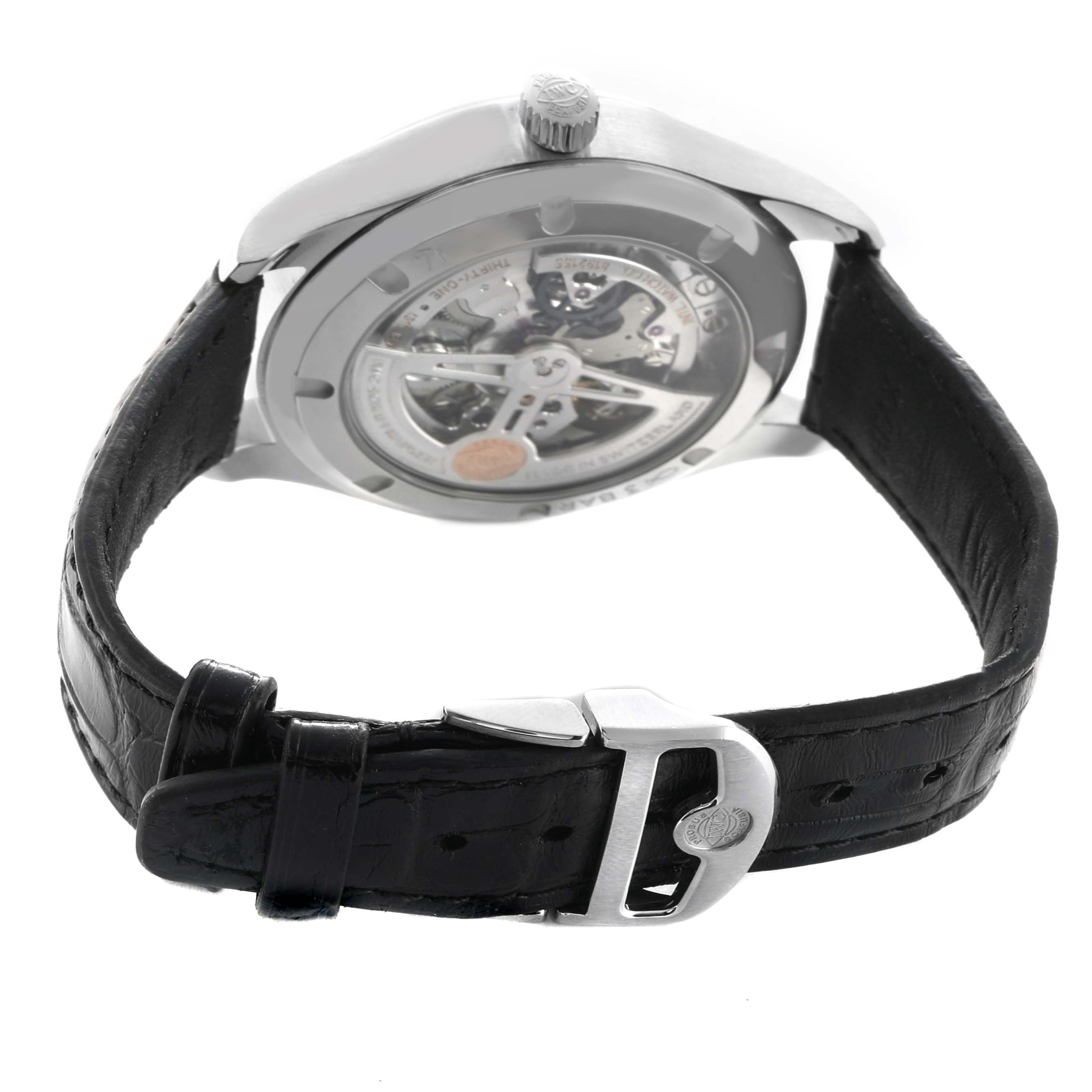 The IWC Portuguese IW358303 Men's Stainless Steel Silver Dial watch is shown from a side angle, highlighting its transparent case back and black leather strap.