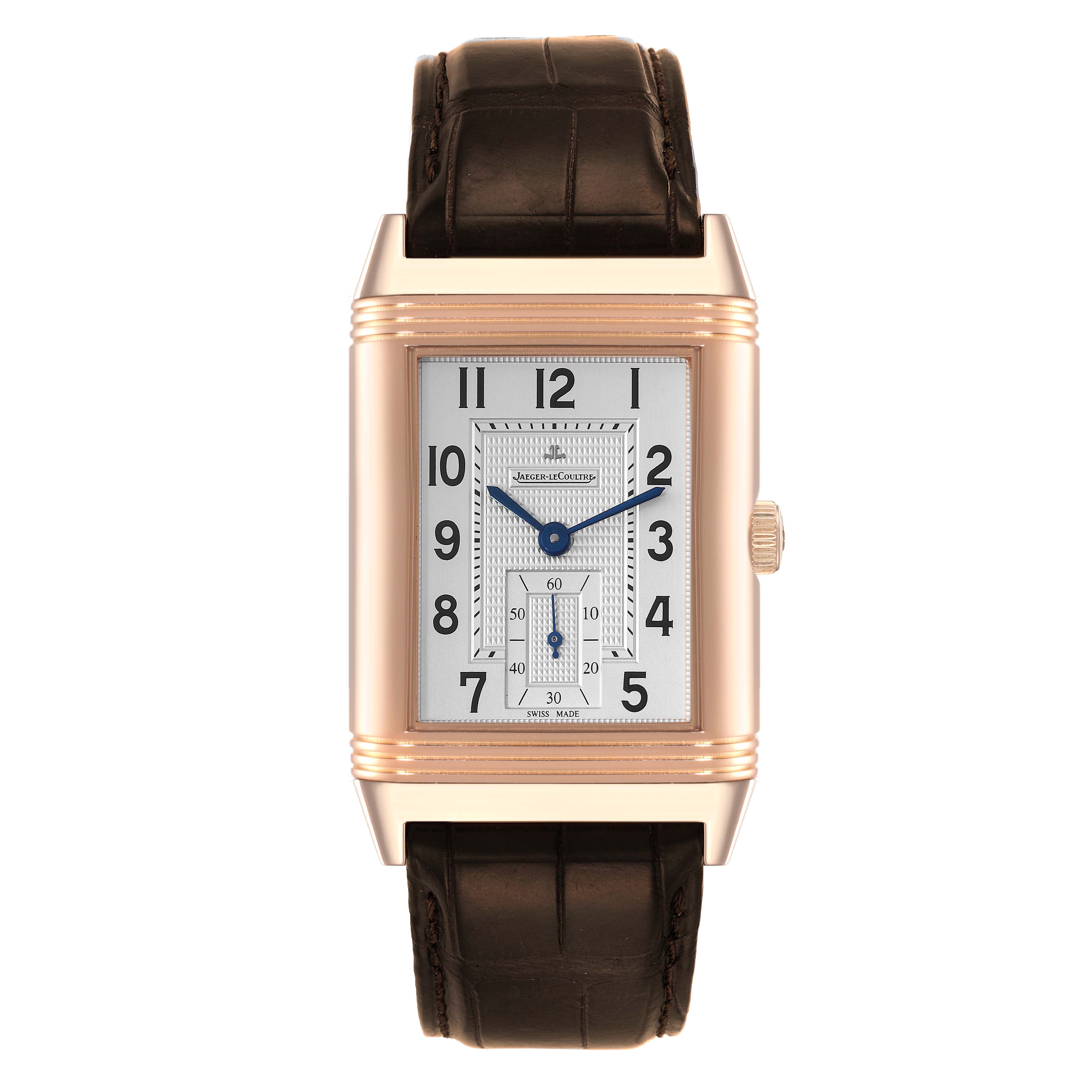 The Reverso model by Jaeger LeCoultre is shown from a front view highlighting the face, bezel, and leather strap.