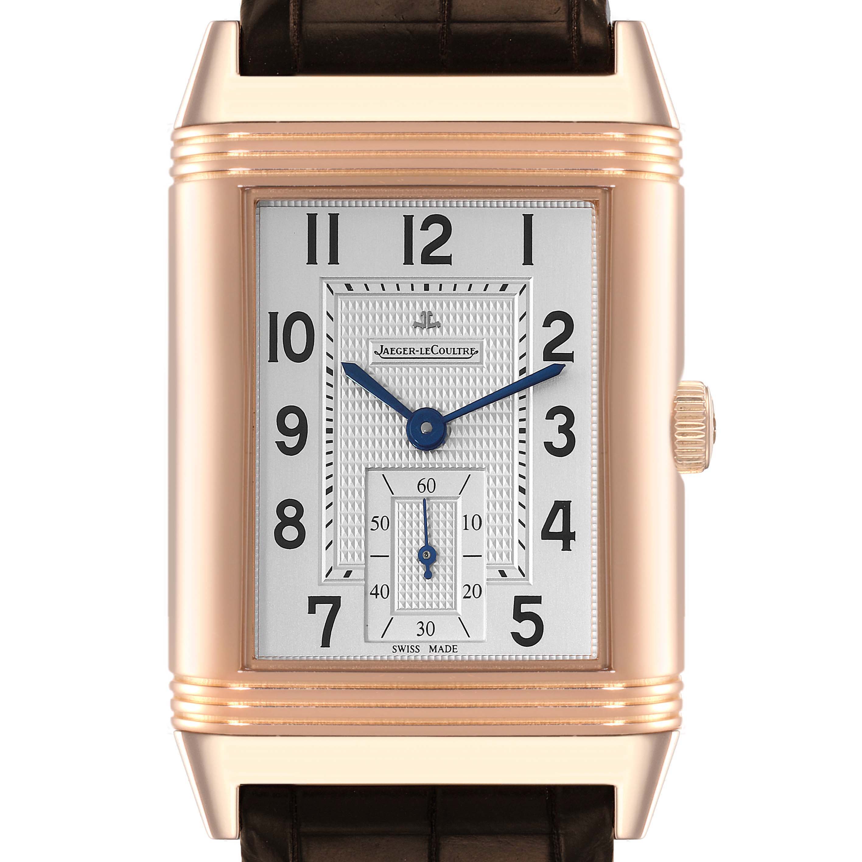 The image shows a front view of a Jaeger-LeCoultre Reverso watch, displaying its dial, face, case, and crown.