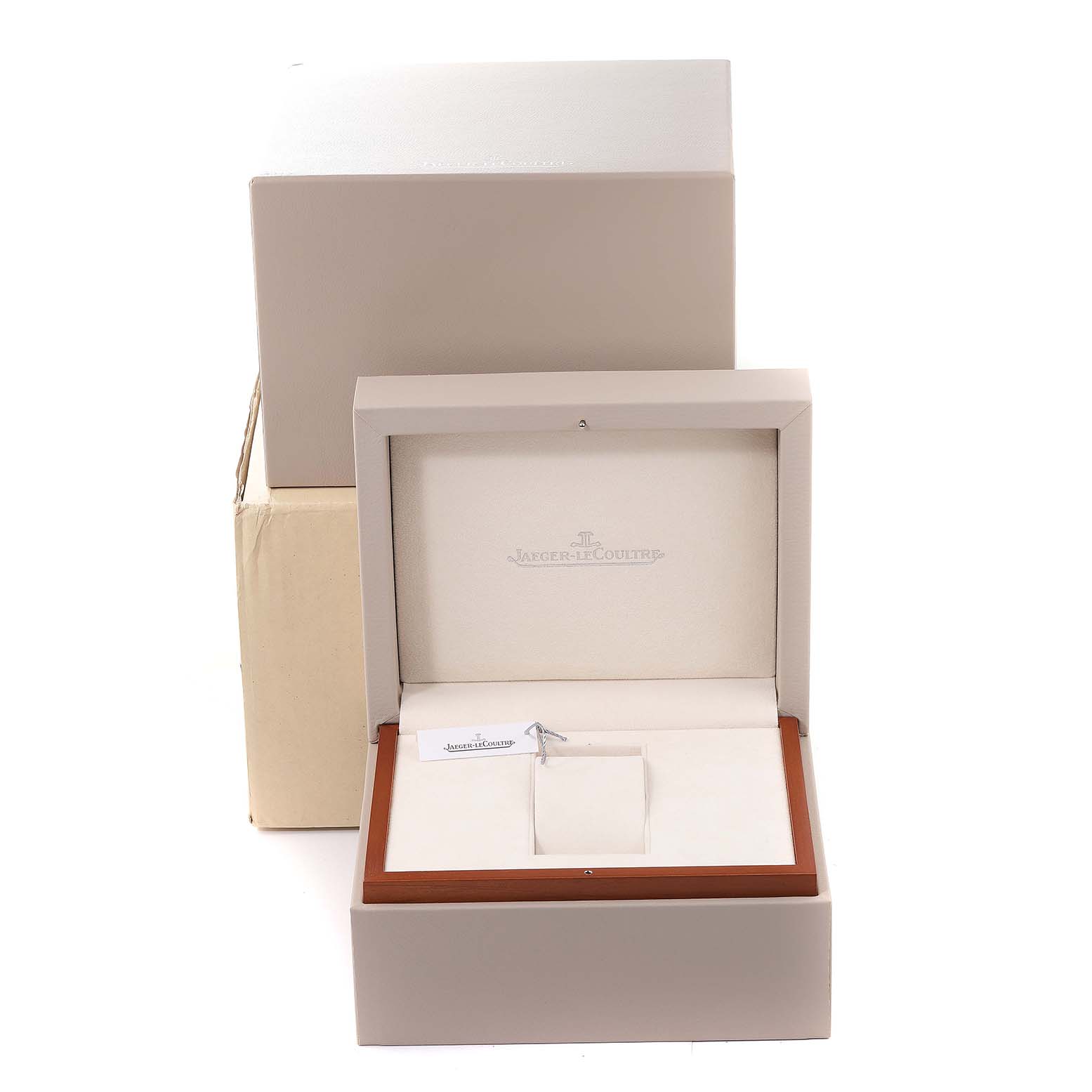 The image shows the open display box for a Jaeger LeCoultre Reverso Q3732420 Men's Rose Gold Silver Dial Q3732420 Men's Rose Gold Silver Dial watch, including the outer packaging.