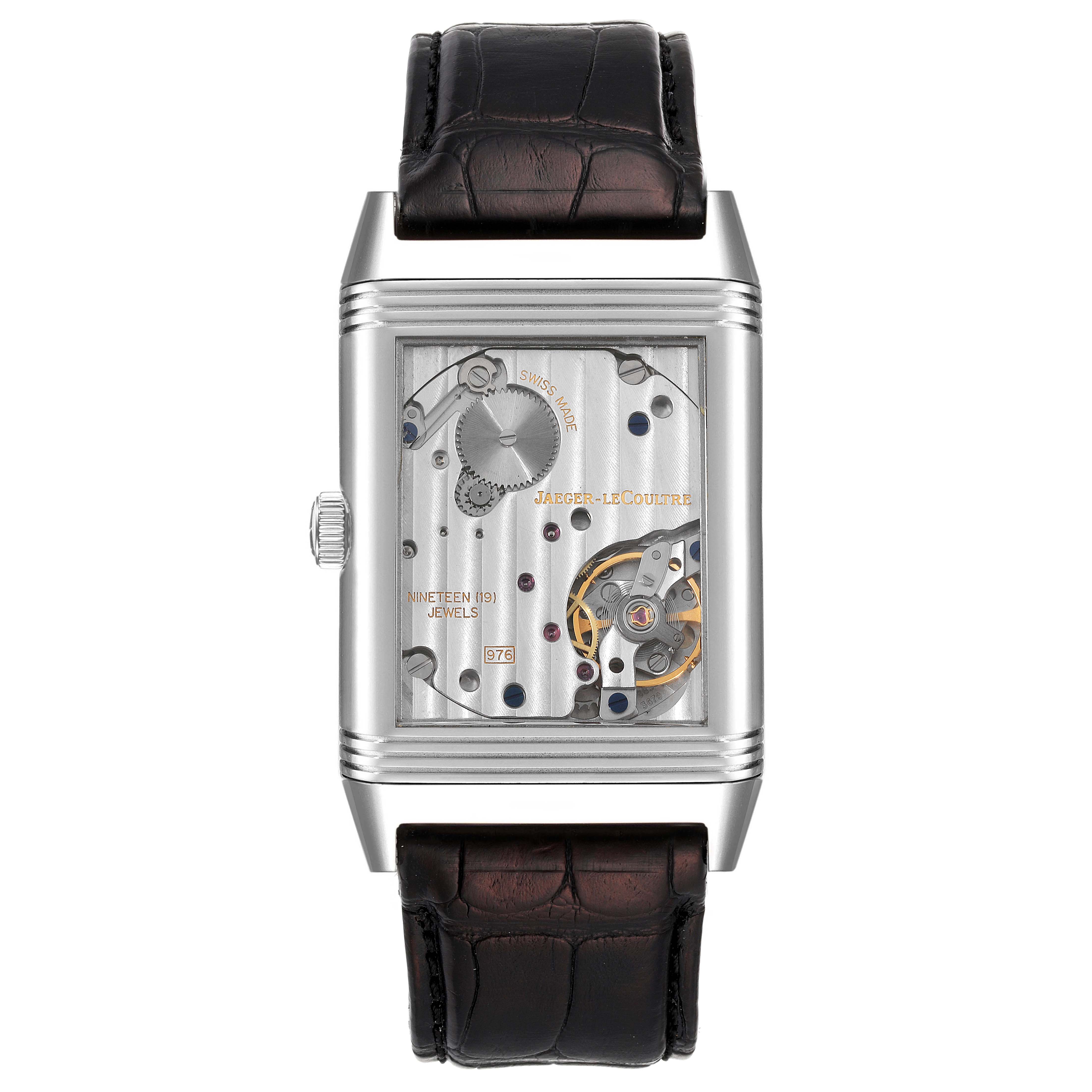 This image shows a front view of the movement and inner mechanics of the Jaeger-LeCoultre Reverso watch.