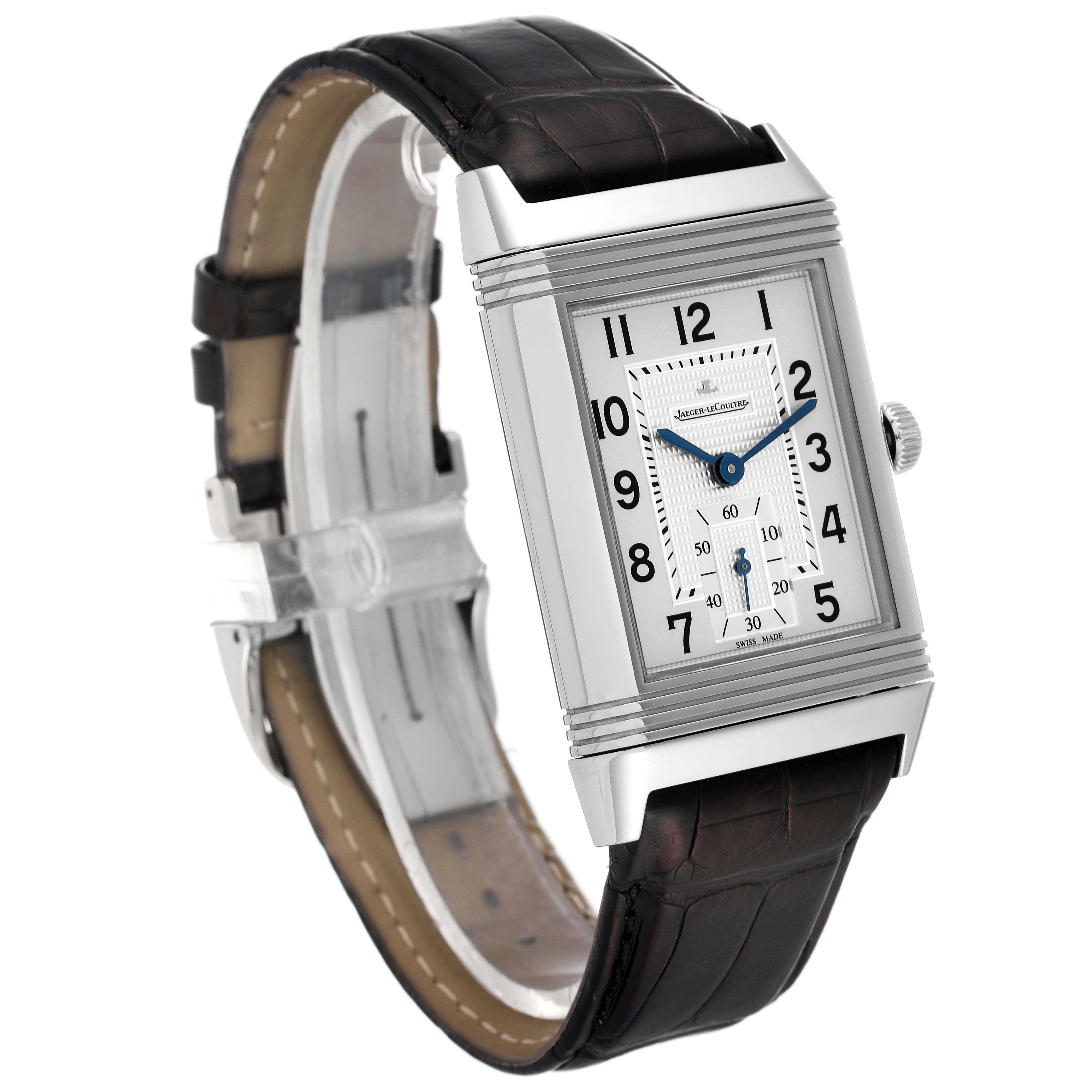 The image shows a Jaeger-LeCoultre Reverso watch angled to display the face and black leather strap.