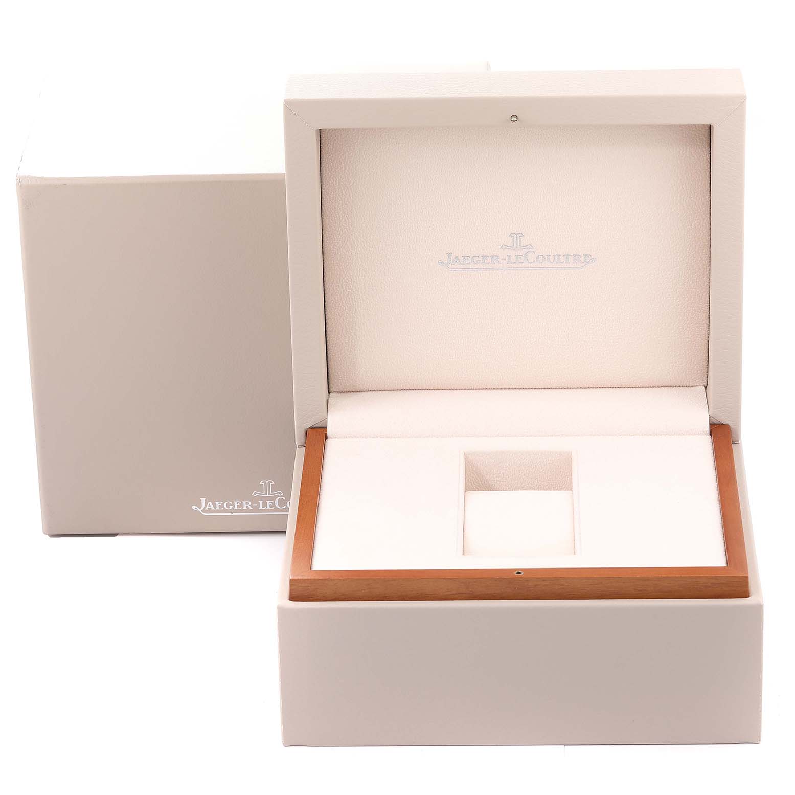 The image shows an open Jaeger LeCoultre Reverso Q3738420 Men
s Stainless Steel Silver Dial Q3738420 Men
s Stainless Steel Silver Dial watch box from a front angle.