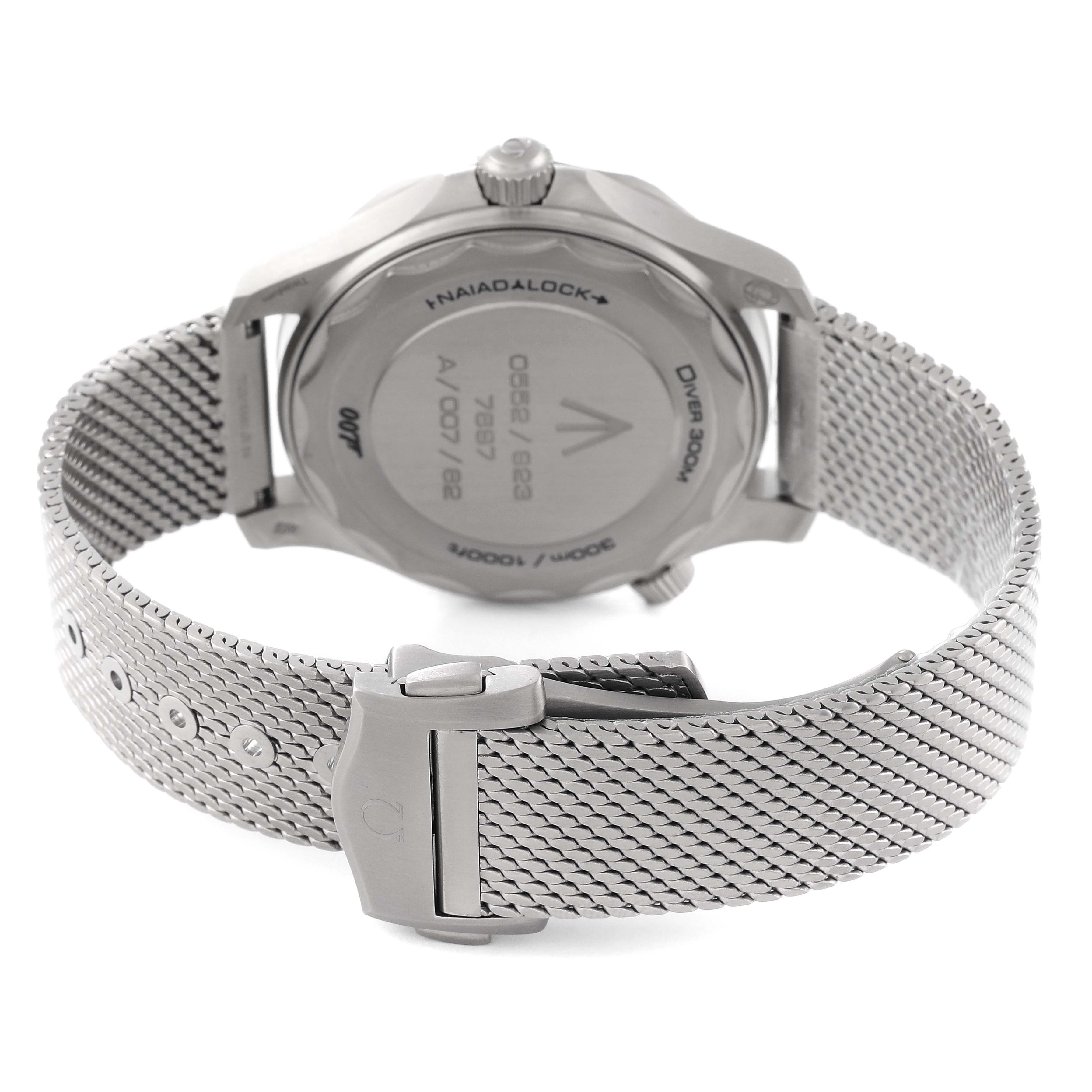 The image shows the back view of the Omega Seamaster 210.90.42.20.01.001 Men's Titanium Brown Dial 210.90.42.20.01.001 Men's Titanium Brown Dial watch and its metal mesh bracelet with clasp.