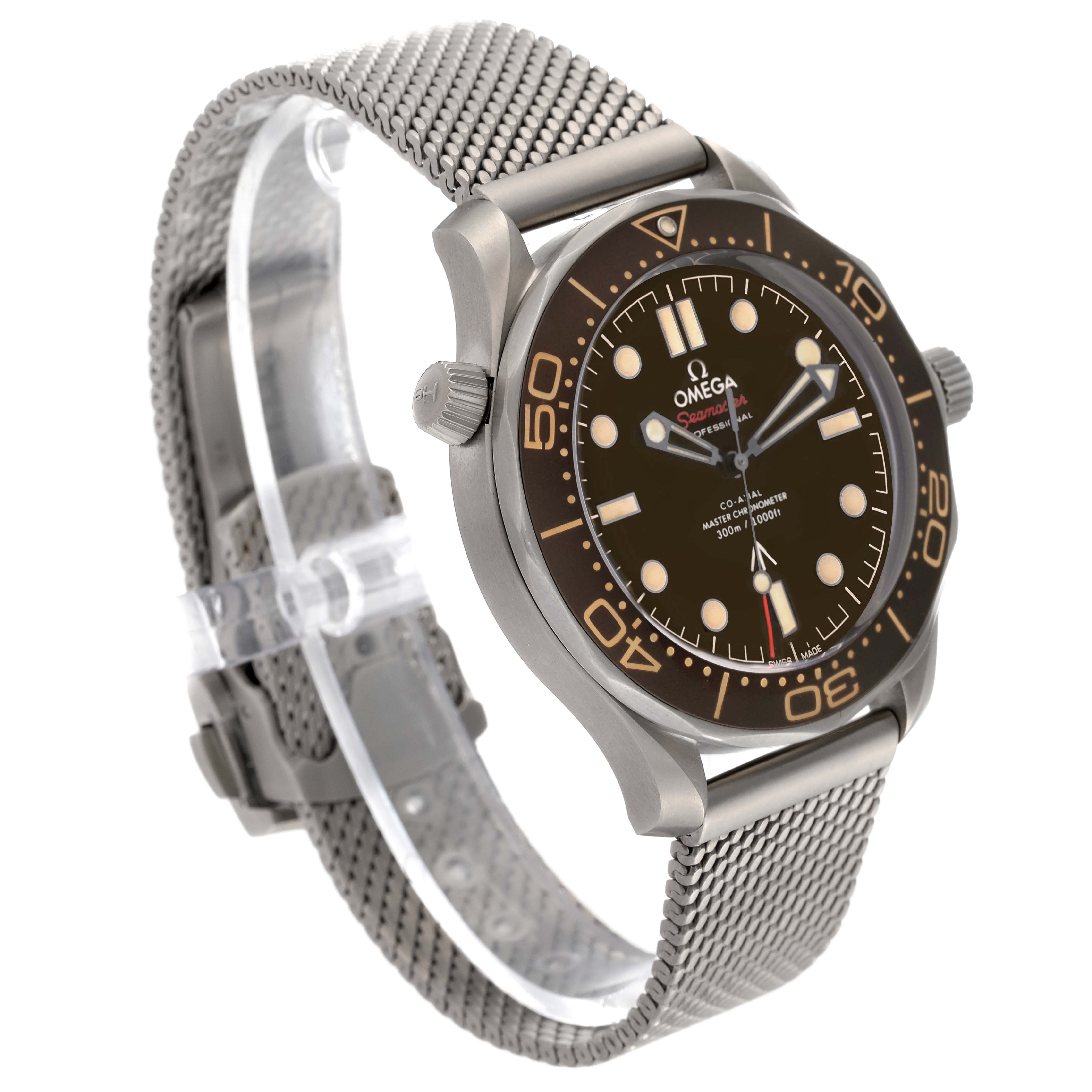 The image shows an Omega Seamaster 210.90.42.20.01.001 Men's Titanium Brown Dial 210.90.42.20.01.001 Men's Titanium Brown Dial watch at a slight angle, highlighting the face, bezel, crown, and mesh bracelet.