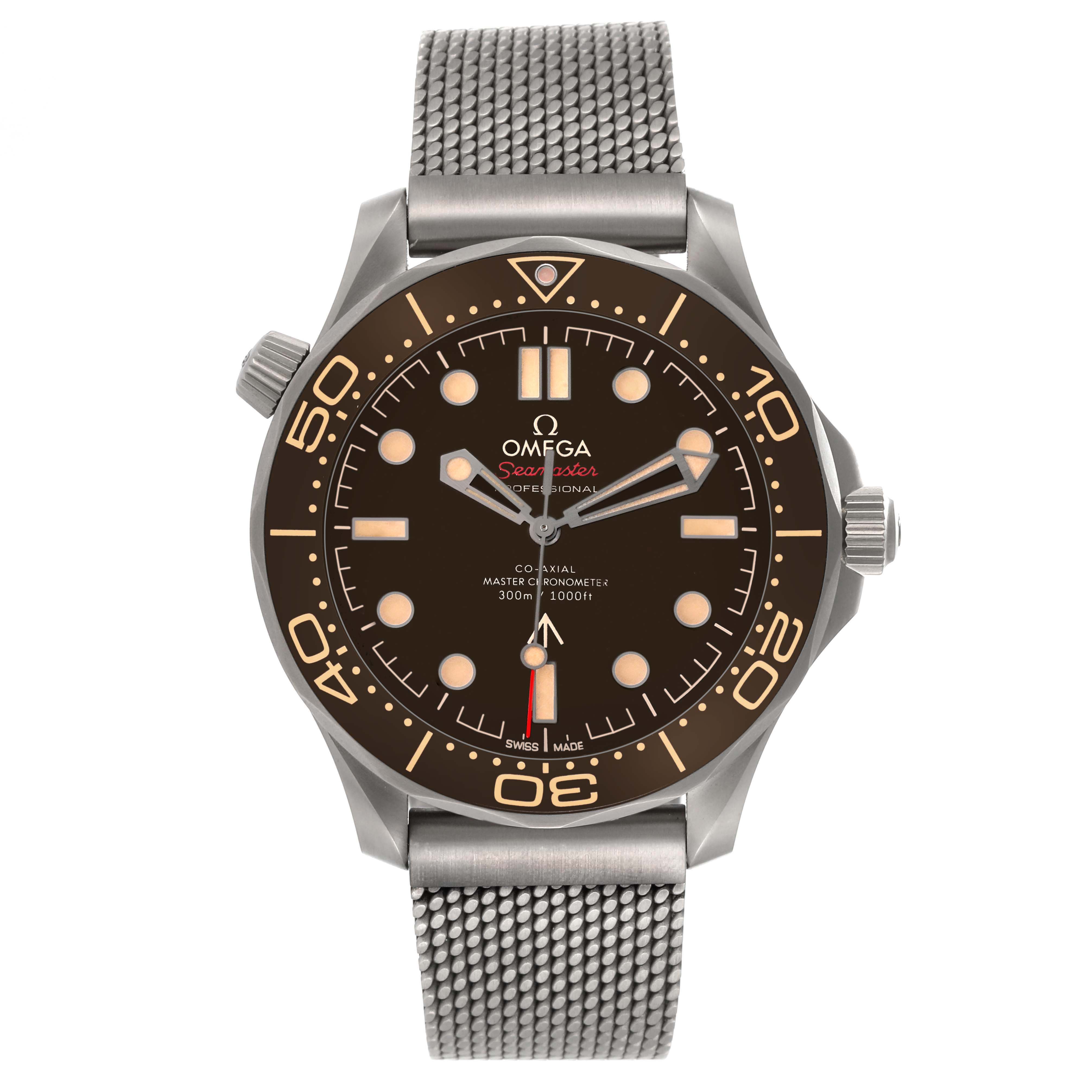 The image shows a front view of an Omega Seamaster 210.90.42.20.01.001 Men's Titanium Brown Dial 210.90.42.20.01.001 Men's Titanium Brown Dial watch with a mesh bracelet.