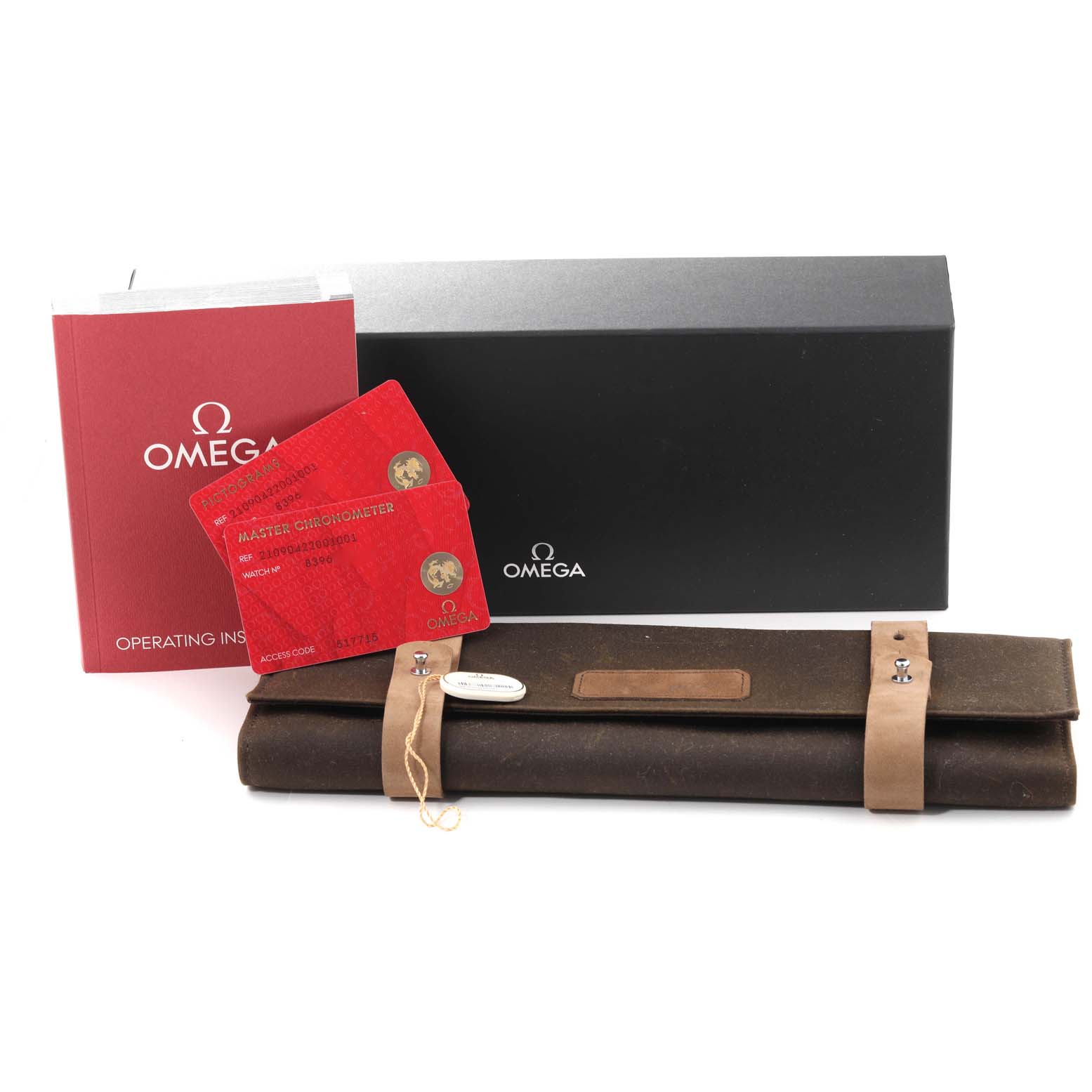 The image shows Omega Seamaster 210.90.42.20.01.001 Men's Titanium Brown Dial 210.90.42.20.01.001 Men's Titanium Brown Dial accessories, including a box, instruction manual, authenticity cards, and a leather watch roll.