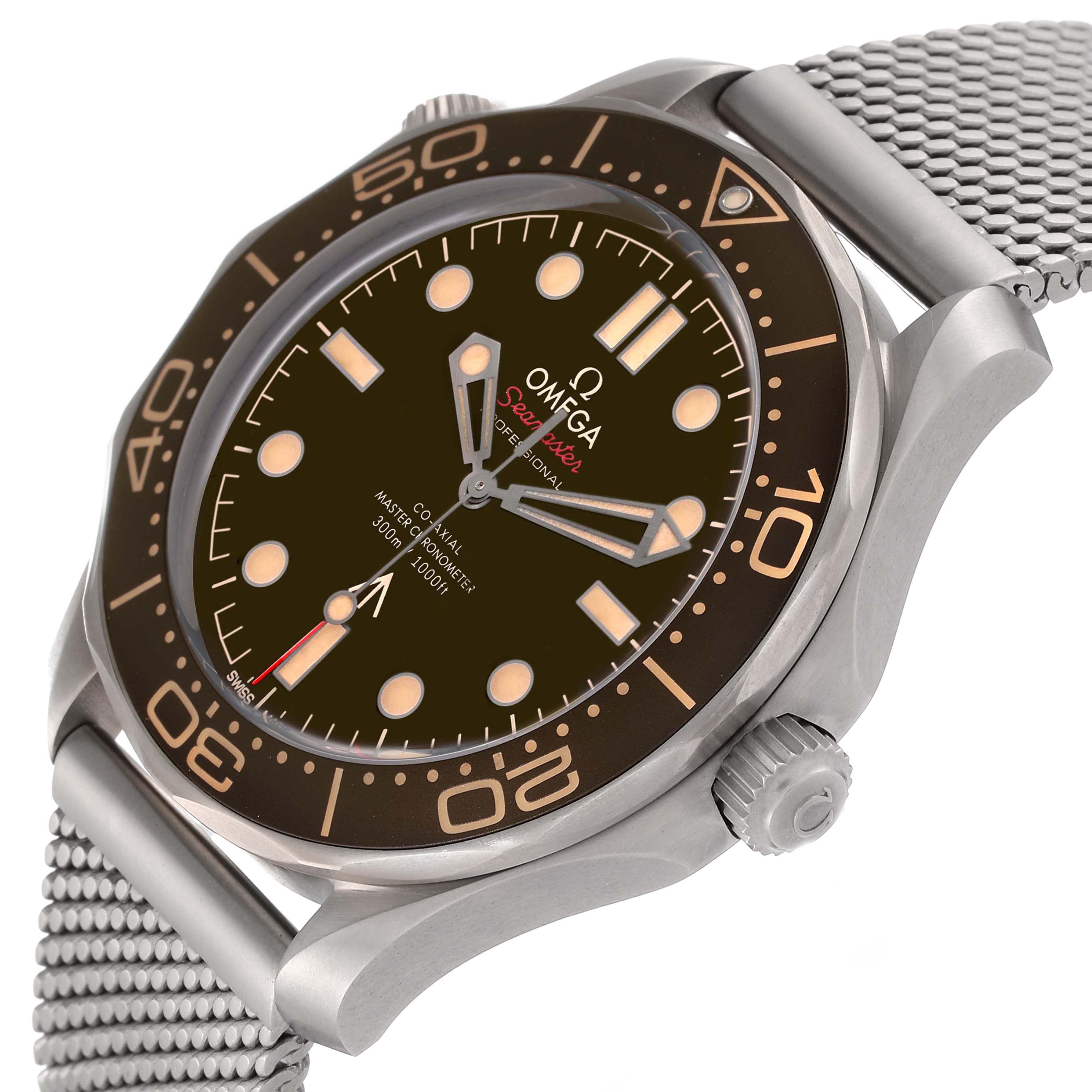 The Omega Seamaster 210.90.42.20.01.001 Men's Titanium Brown Dial 210.90.42.20.01.001 Men's Titanium Brown Dial watch is shown at a slightly tilted angle, displaying its face, bezel, crown, and metal strap.