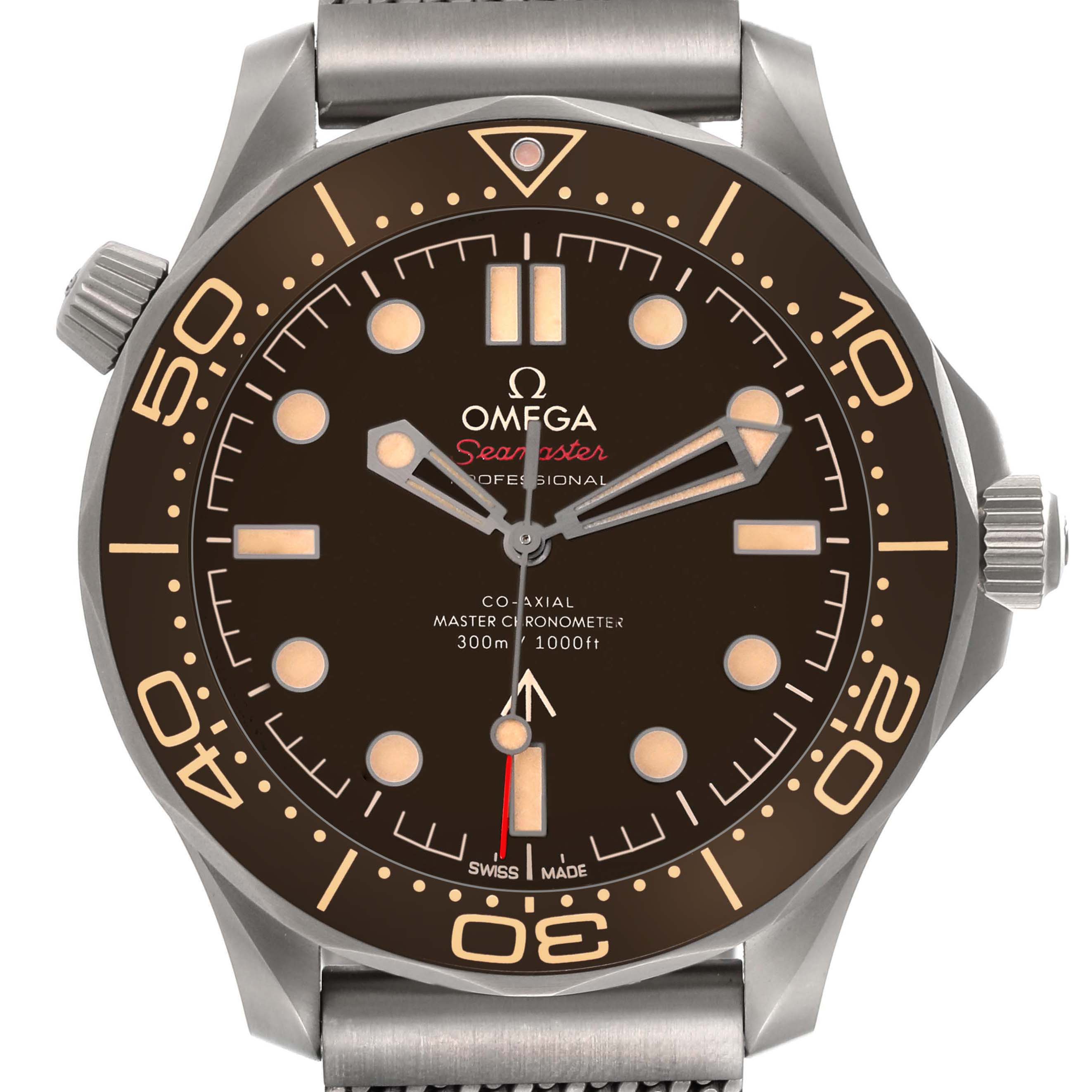 This image shows a front view of the Omega Seamaster 210.90.42.20.01.001 Men's Titanium Brown Dial 210.90.42.20.01.001 Men's Titanium Brown Dial watch face, including its bezel, dial, hands, and crown.