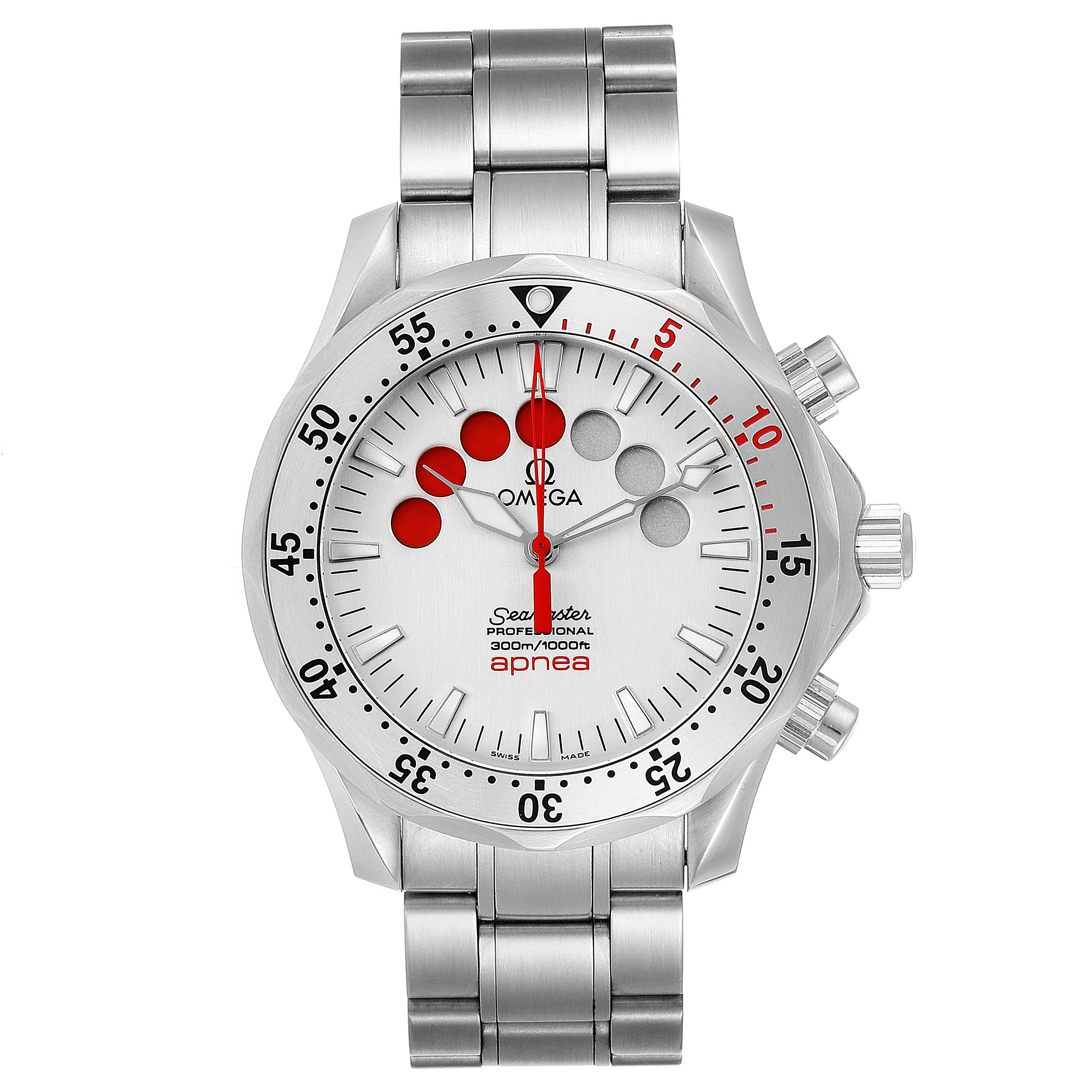 The image shows a frontal view of the Omega Seamaster 2595.30.00 Men
s Stainless Steel Silver Dial 2595.30.00 Men
s Stainless Steel Silver Dial Apnea model, highlighting the dial, bezel, and bracelet.