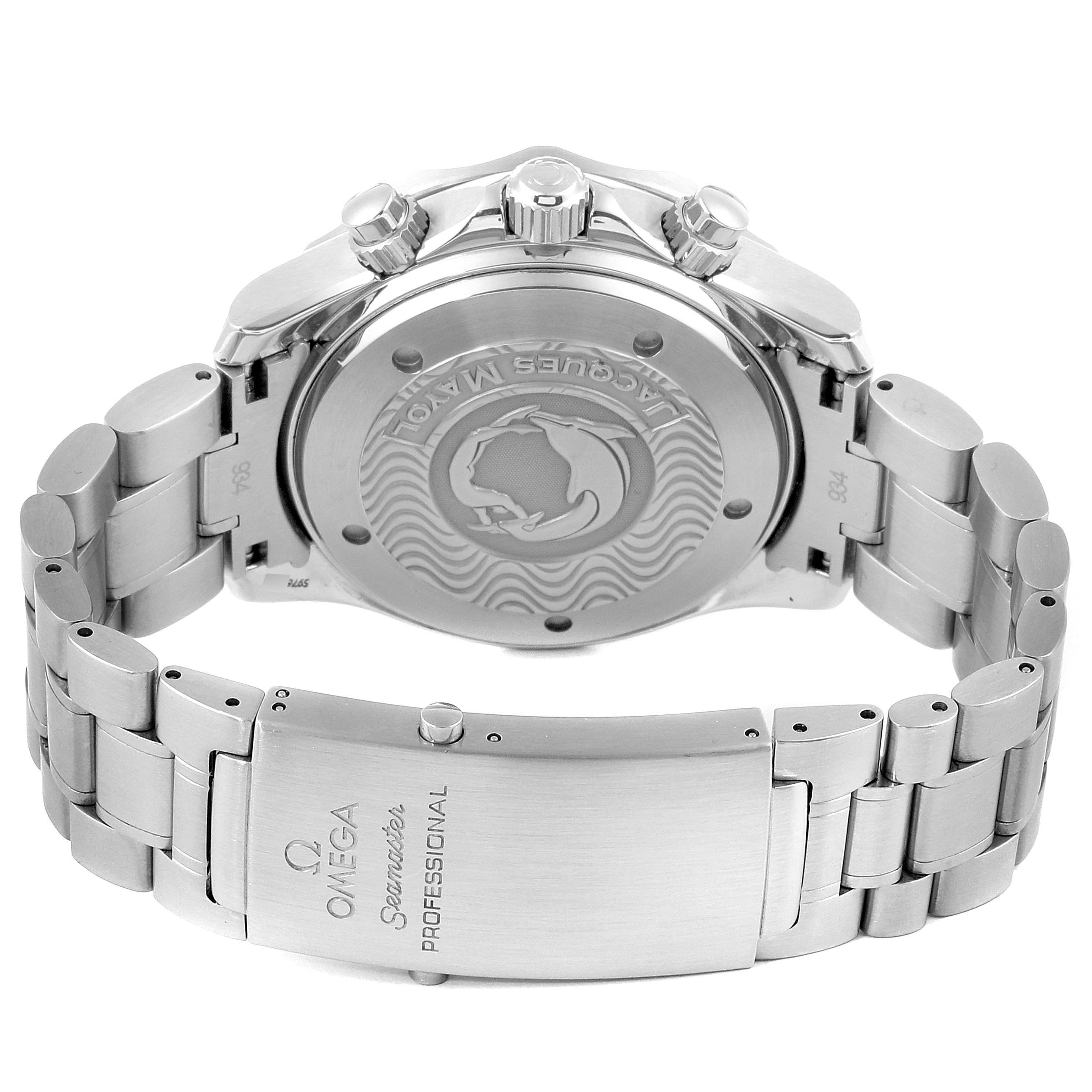 The image shows the back and clasp of an Omega Seamaster 2595.30.00 Men
s Stainless Steel Silver Dial 2595.30.00 Men
s Stainless Steel Silver Dial model, highlighting its bracelet and case back.