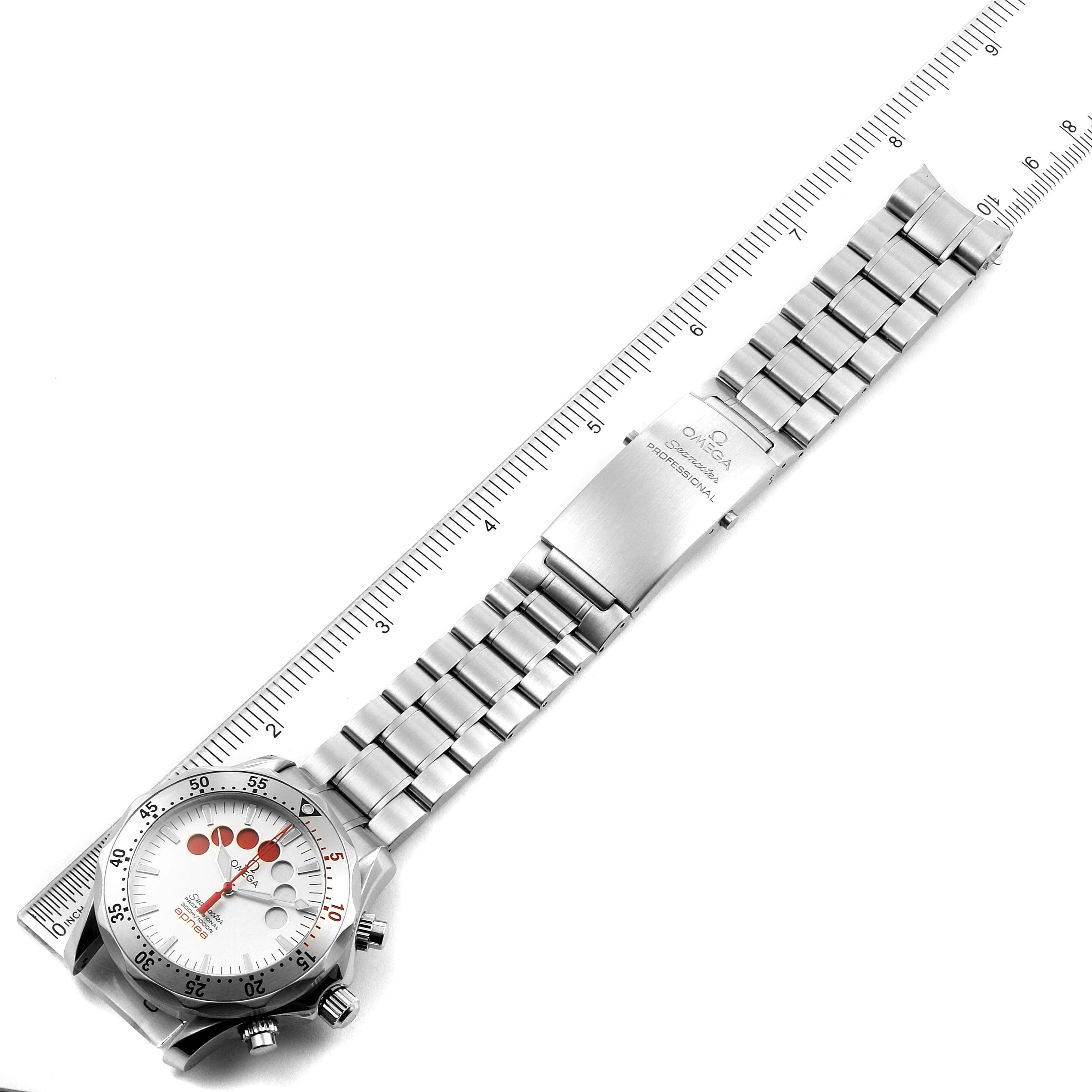 The image shows an Omega Seamaster 2595.30.00 Men
s Stainless Steel Silver Dial 2595.30.00 Men
s Stainless Steel Silver Dial watch, including its face, bezel, bracelet, and clasp, measured with a ruler.