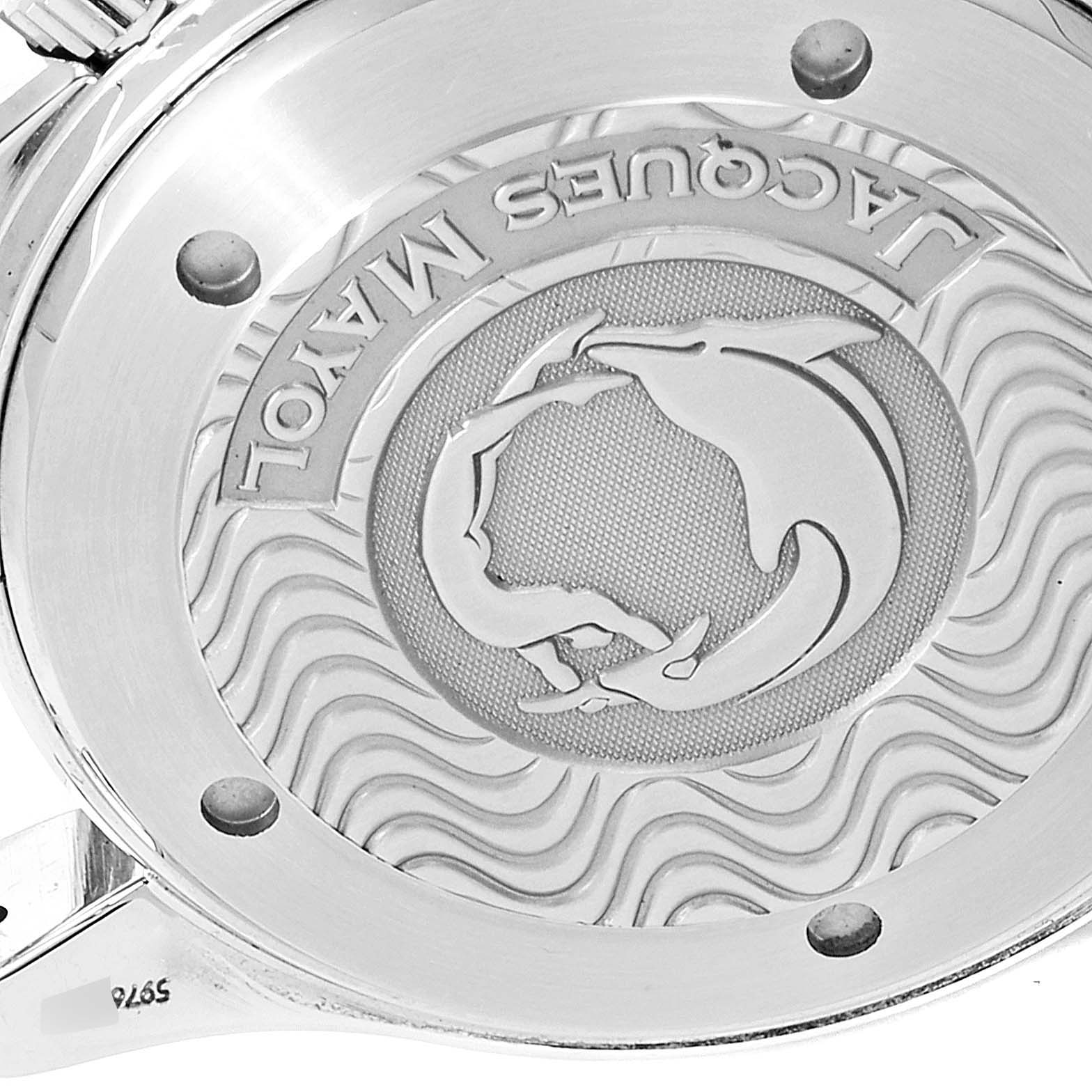 The image shows the engraved case back of the Omega Seamaster 2595.30.00 Men
s Stainless Steel Silver Dial 2595.30.00 Men
s Stainless Steel Silver Dial watch from a close-up angle.