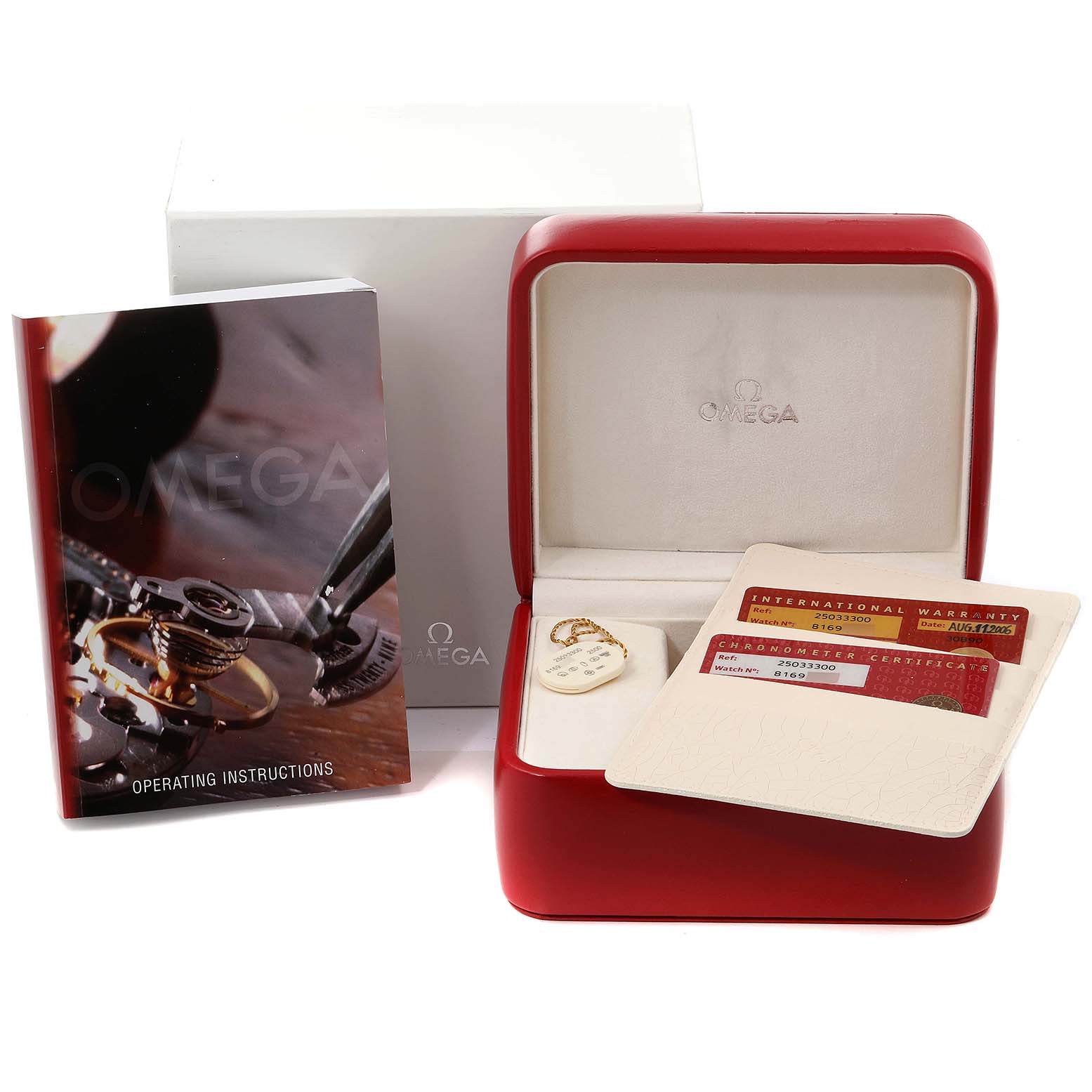 The image shows the packaging, warranty cards, instruction manual, and tag for the Omega Aqua Terra 2503.33.00 Men's Stainless Steel Silver Dial 2503.33.00 Men's Stainless Steel Silver Dial model.