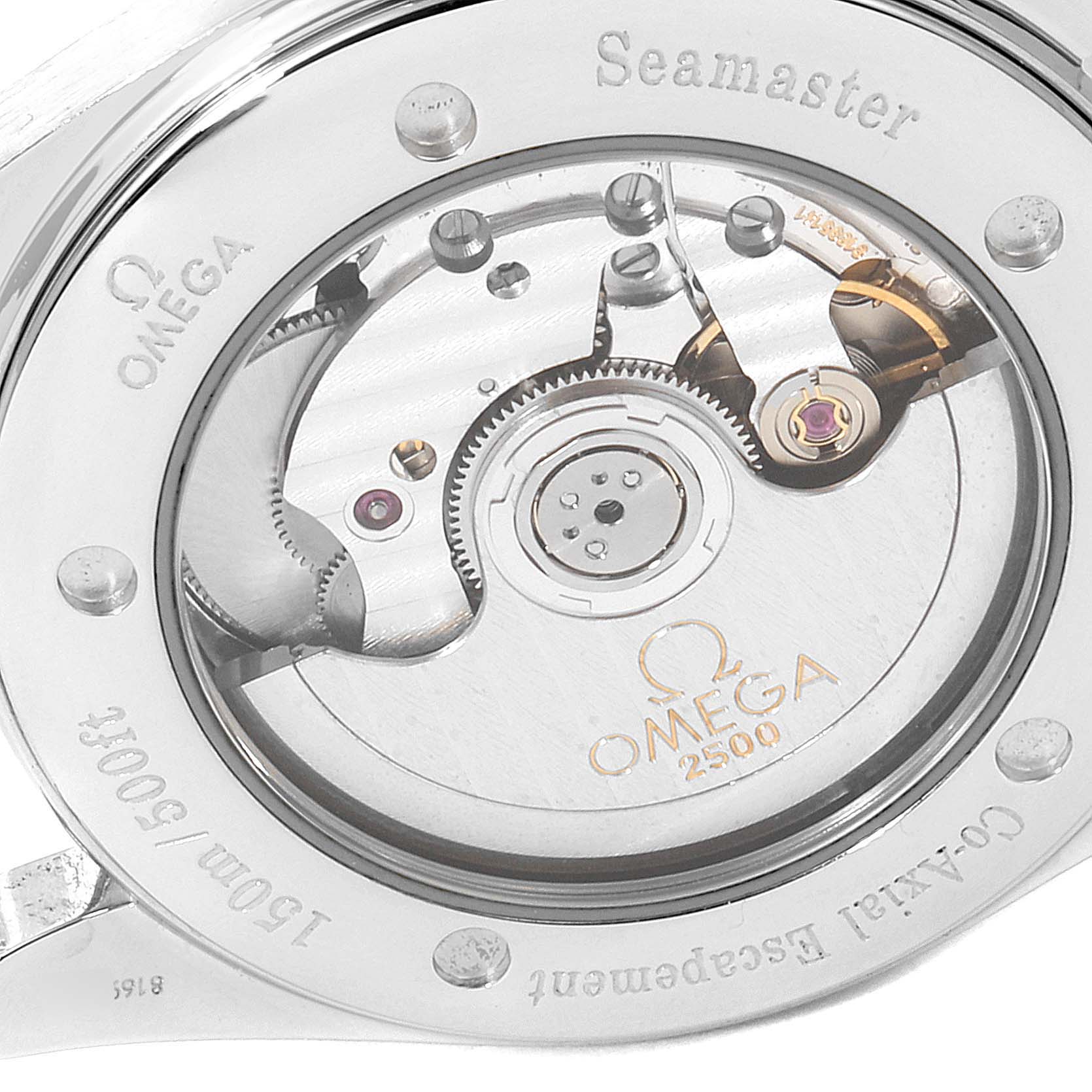 The image shows the back view of the Omega Aqua Terra 2503.33.00 Men's Stainless Steel Silver Dial 2503.33.00 Men's Stainless Steel Silver Dial model, highlighting the exposed movement and mechanical parts.