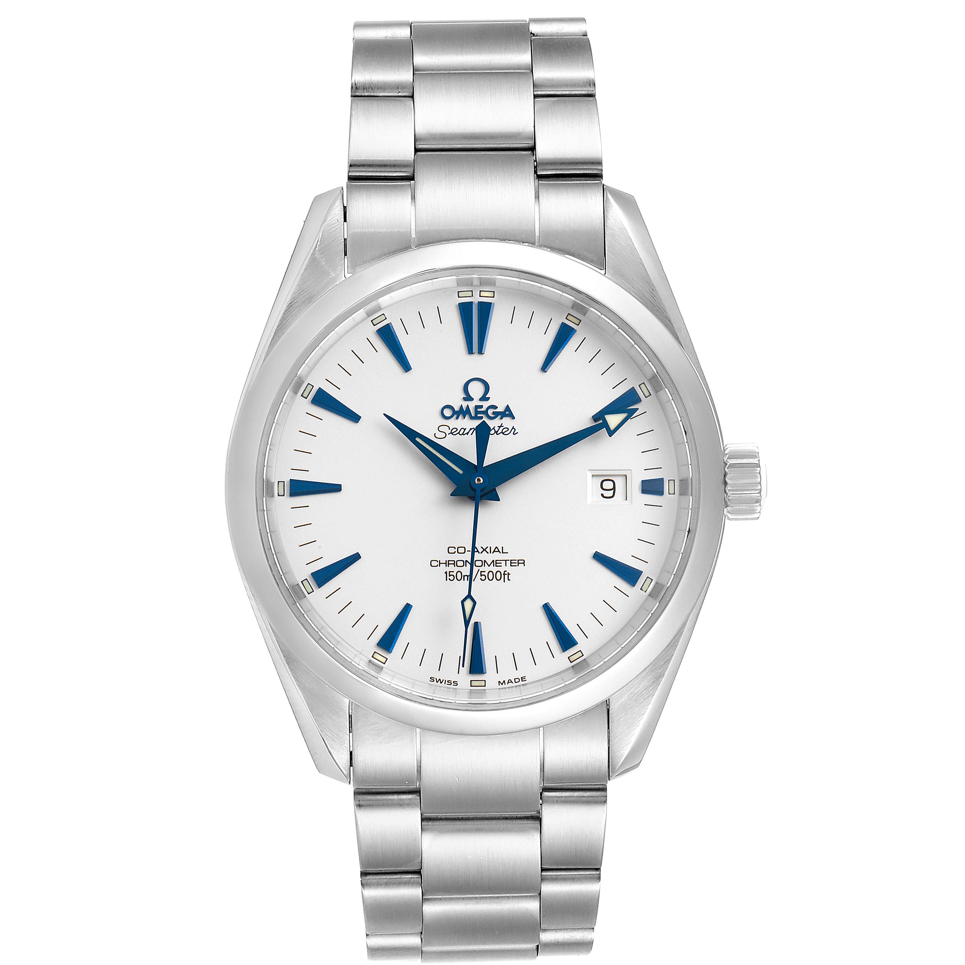 The image shows a full frontal view of the Omega Aqua Terra 2503.33.00 Men's Stainless Steel Silver Dial 2503.33.00 Men's Stainless Steel Silver Dial watch, including its face, bezel, and bracelet.