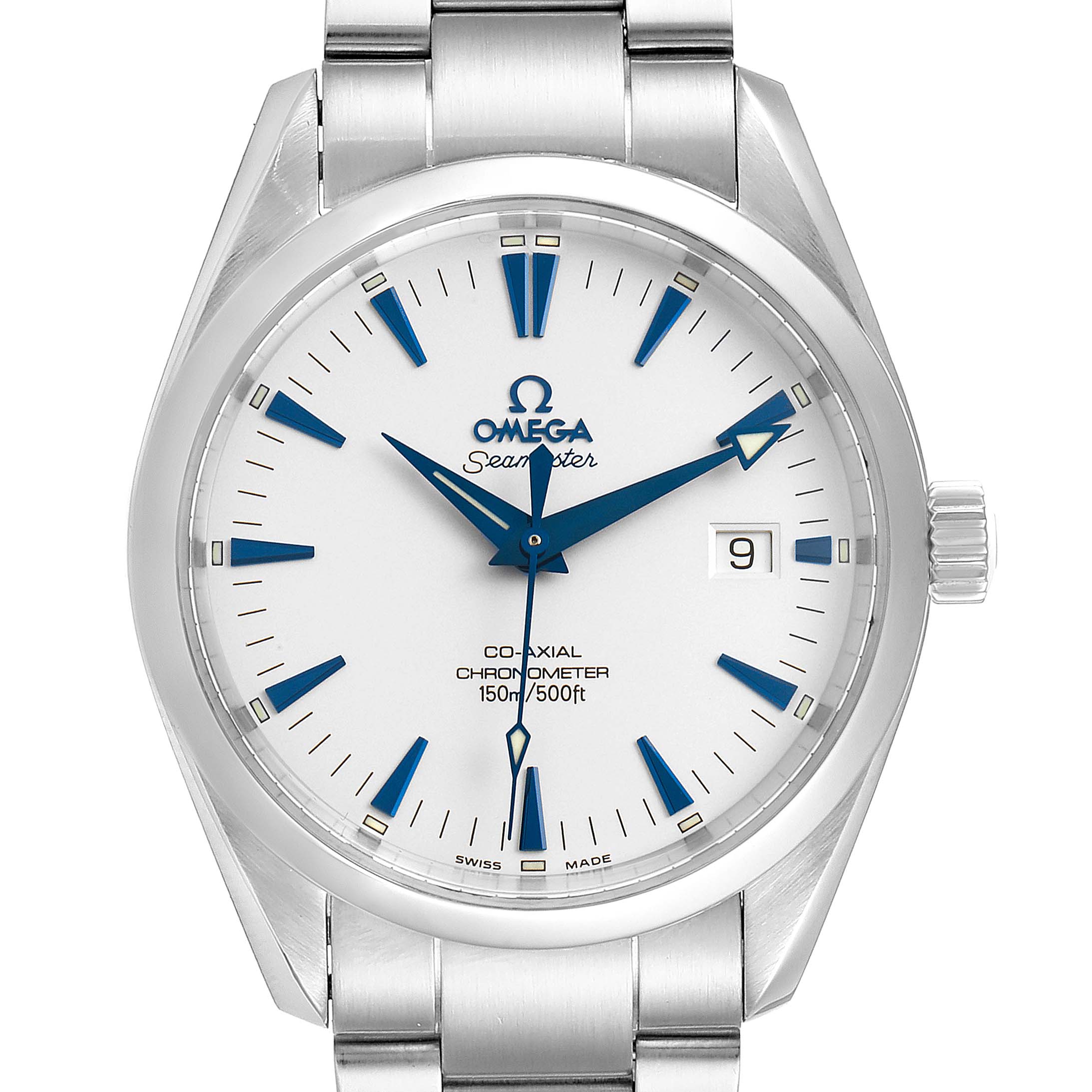 The image shows a front view of the Omega Aqua Terra 2503.33.00 Men's Stainless Steel Silver Dial 2503.33.00 Men's Stainless Steel Silver Dial model watch, featuring its dial, hands, date window, and part of the bracelet.