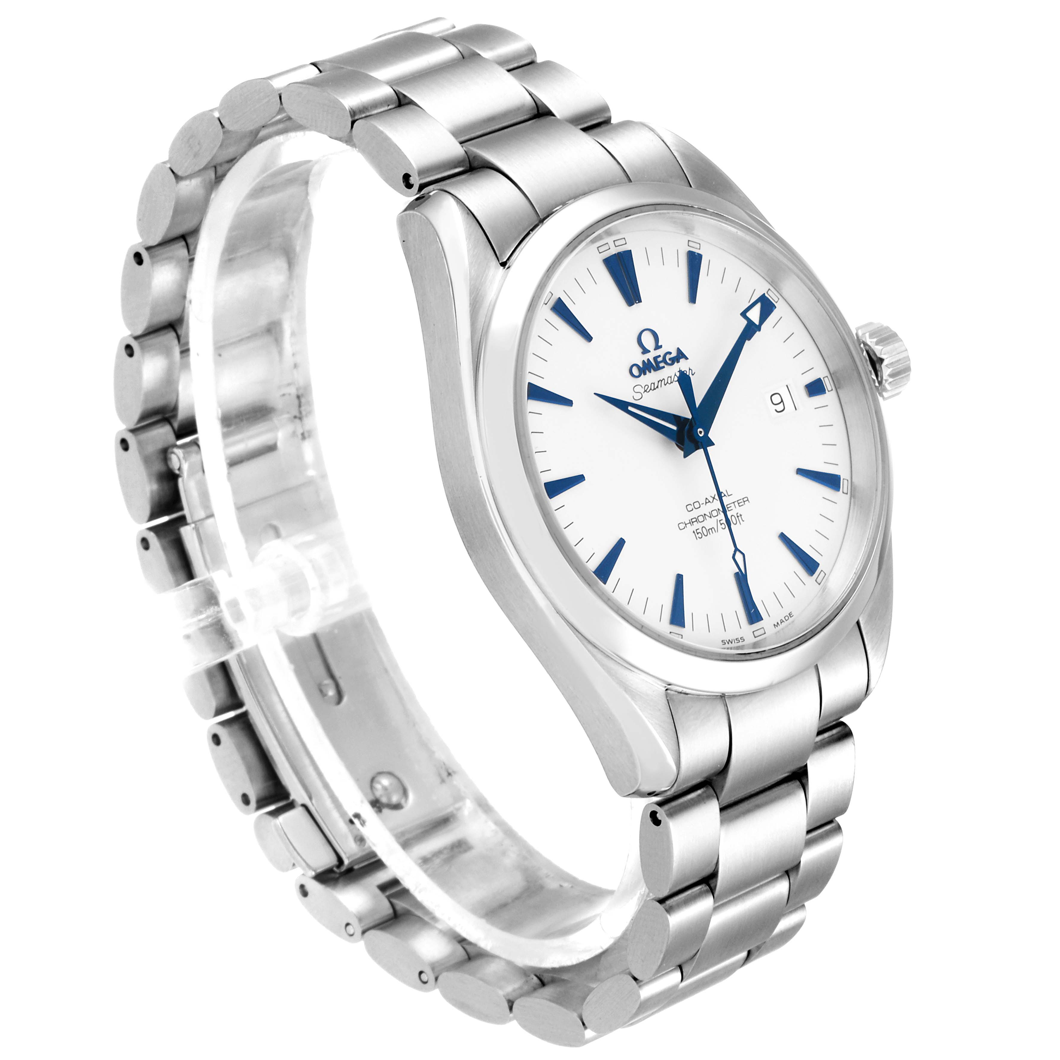 The Omega Aqua Terra 2503.33.00 Men's Stainless Steel Silver Dial 2503.33.00 Men's Stainless Steel Silver Dial watch is shown at an oblique angle, displaying the face, case, and stainless steel bracelet.