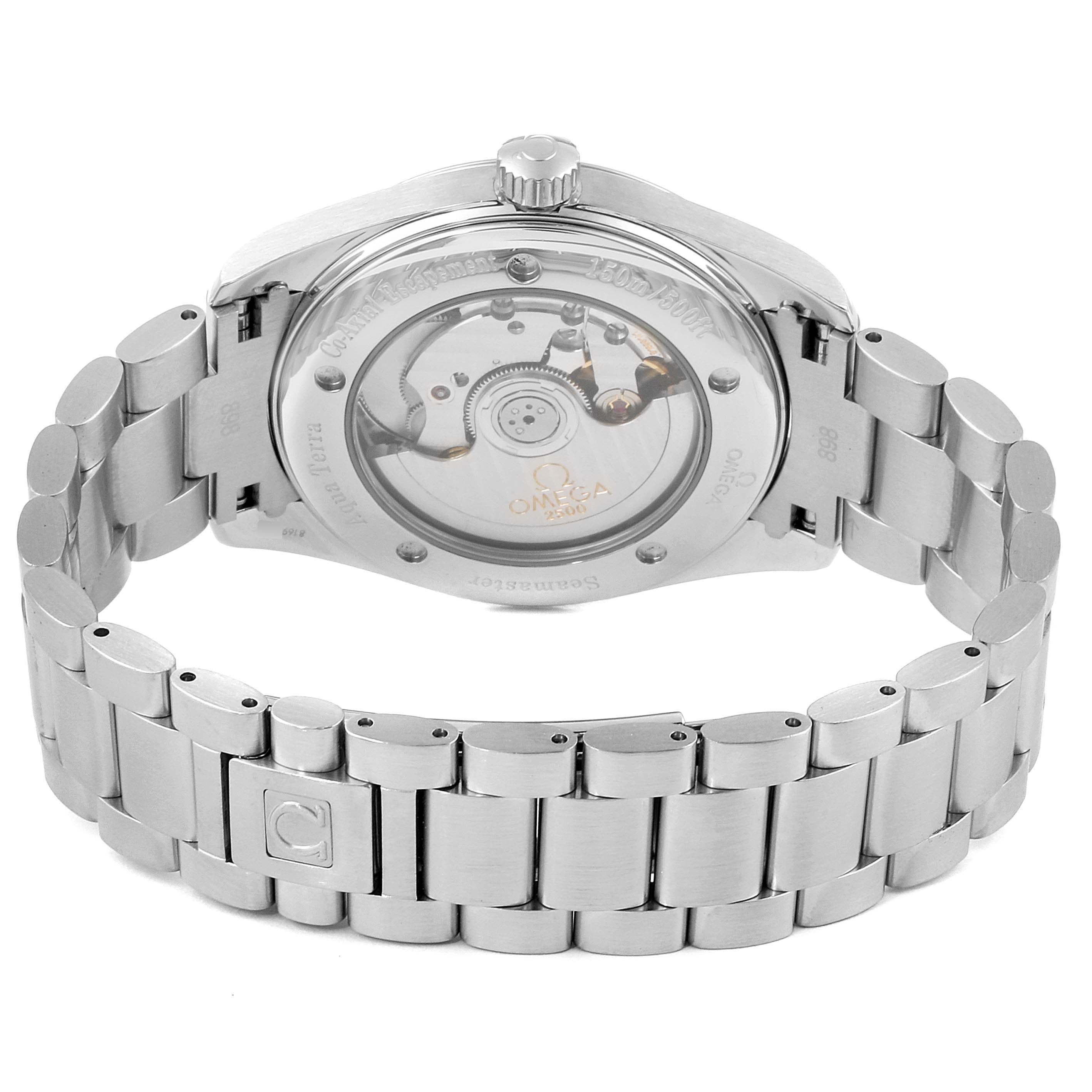 The image shows the back view of the Omega Aqua Terra 2503.33.00 Men's Stainless Steel Silver Dial 2503.33.00 Men's Stainless Steel Silver Dial watch, highlighting its case back and metal bracelet.