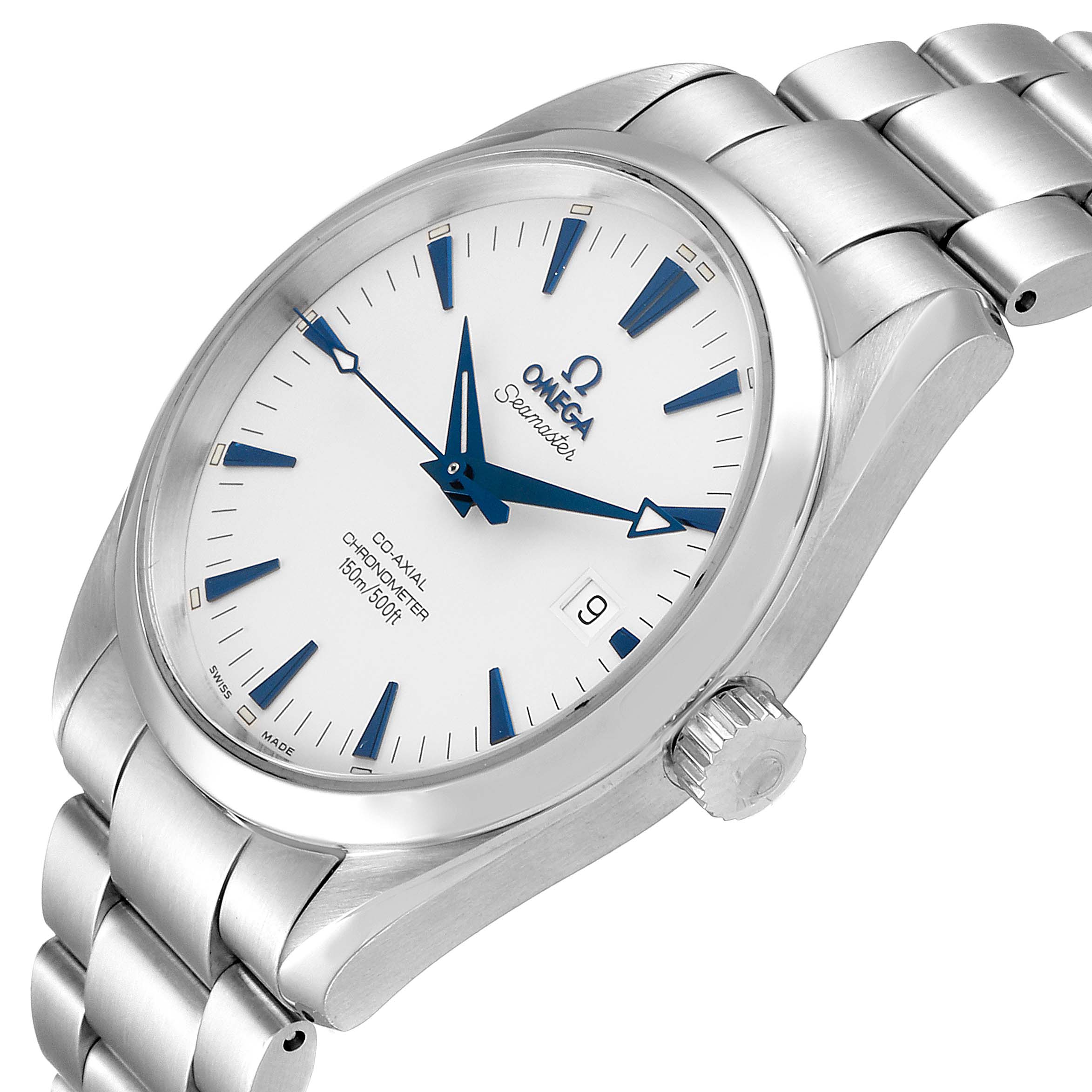The Omega Aqua Terra 2503.33.00 Men's Stainless Steel Silver Dial 2503.33.00 Men's Stainless Steel Silver Dial watch is shown at a slight angle, displaying its dial, crown, and metal bracelet.
