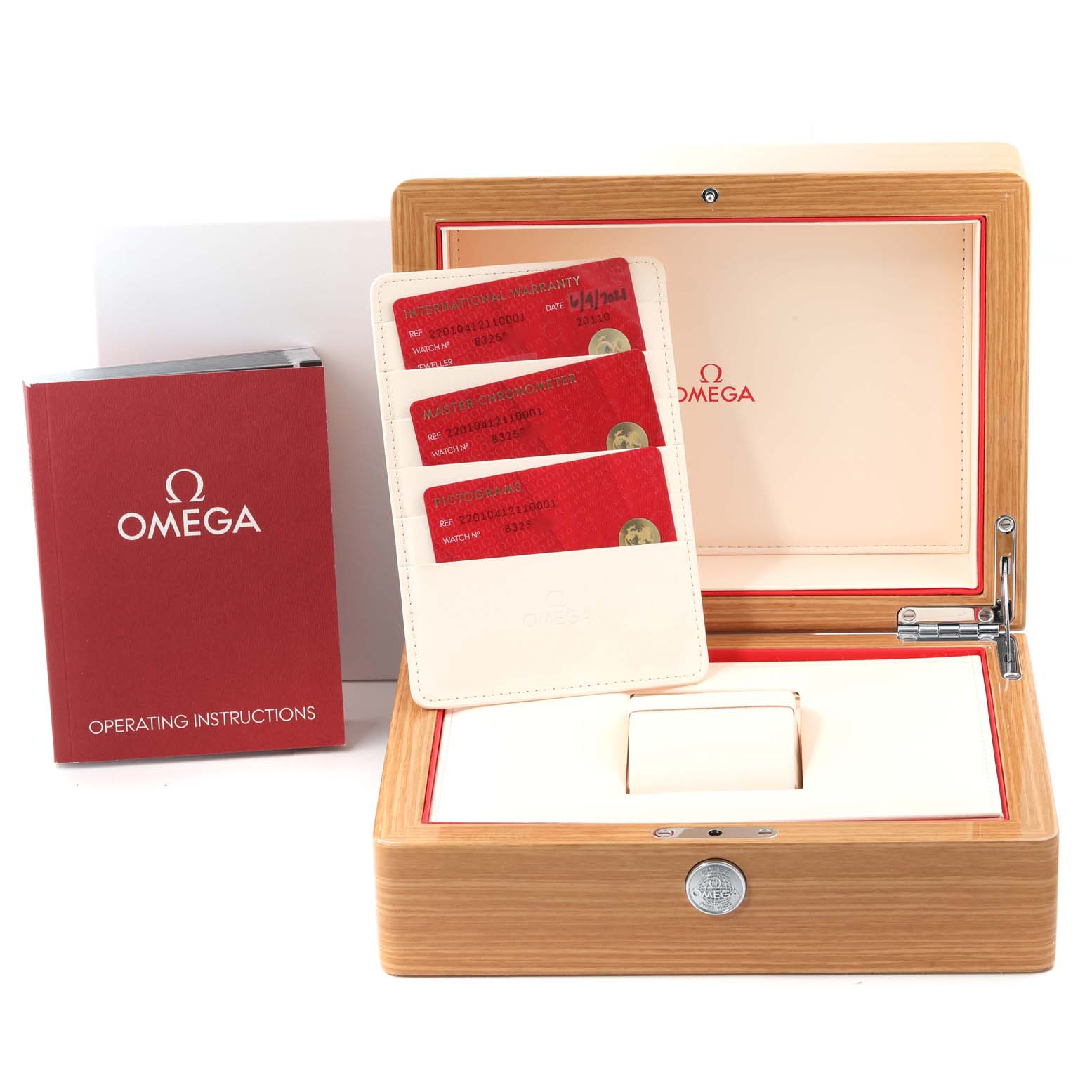 The image shows the Omega Aqua Terra 220.10.41.21.10.001 Men's Stainless Steel Green Dial 220.10.41.21.10.001 Men's Stainless Steel Green Dial watch accessories, including the operating instructions, warranty cards, and the watch box.