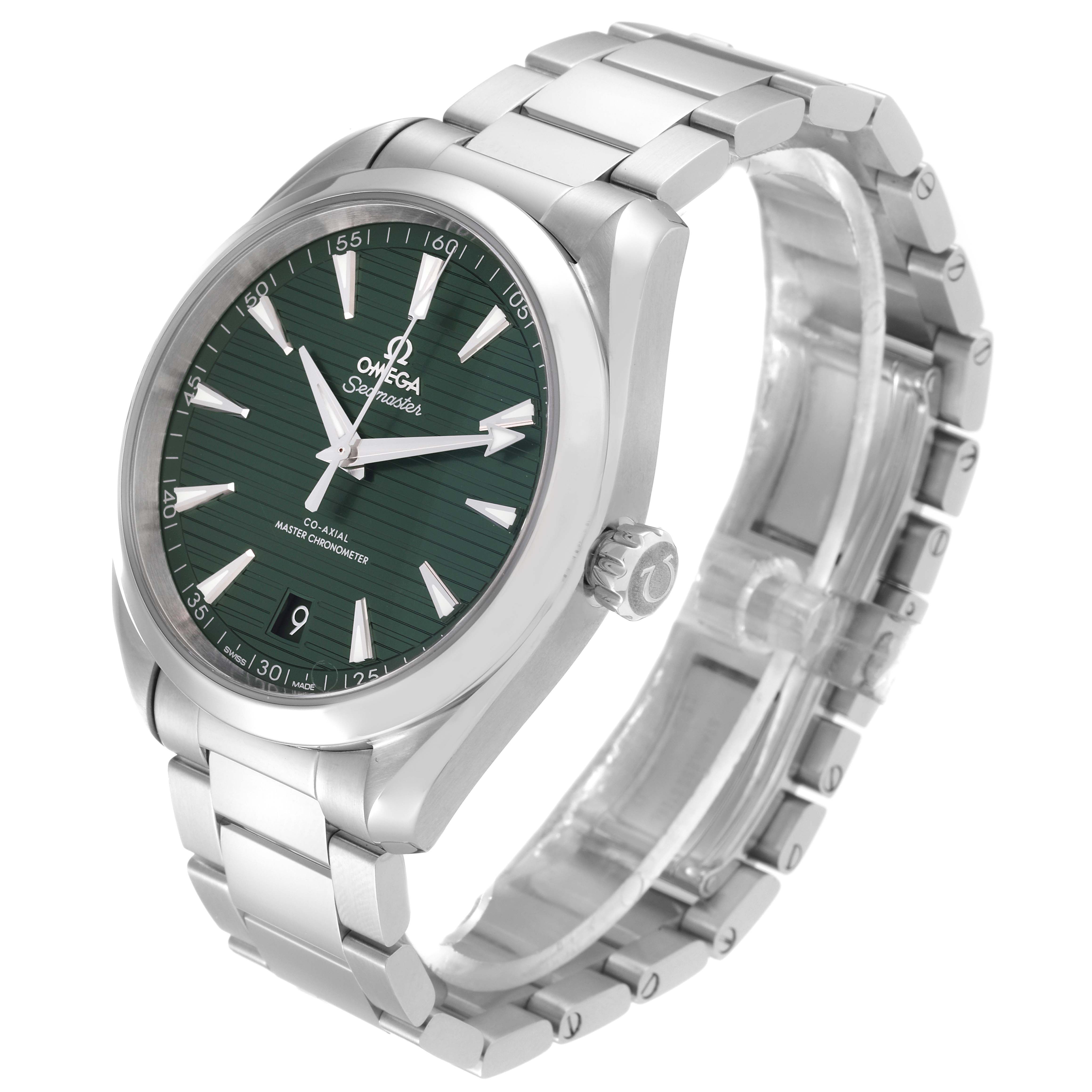 The image shows an Omega Aqua Terra 220.10.41.21.10.001 Men's Stainless Steel Green Dial 220.10.41.21.10.001 Men's Stainless Steel Green Dial watch from a slight diagonal angle, highlighting the green dial and metal bracelet.