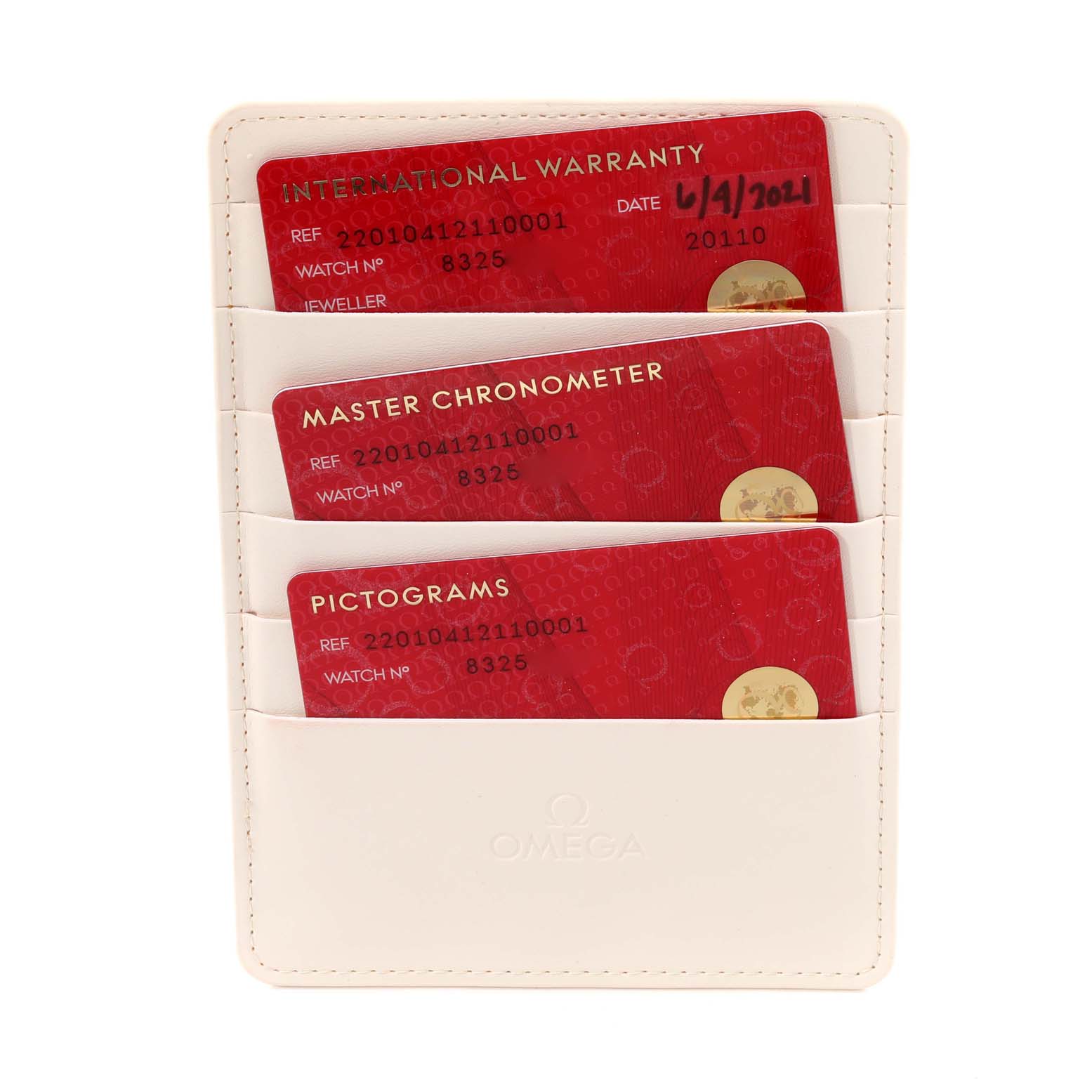 The image shows three red cards labeled International Warranty, Master Chronometer, and Pictograms for an Omega Aqua Terra 220.10.41.21.10.001 Men's Stainless Steel Green Dial 220.10.41.21.10.001 Men's Stainless Steel Green Dial watch.