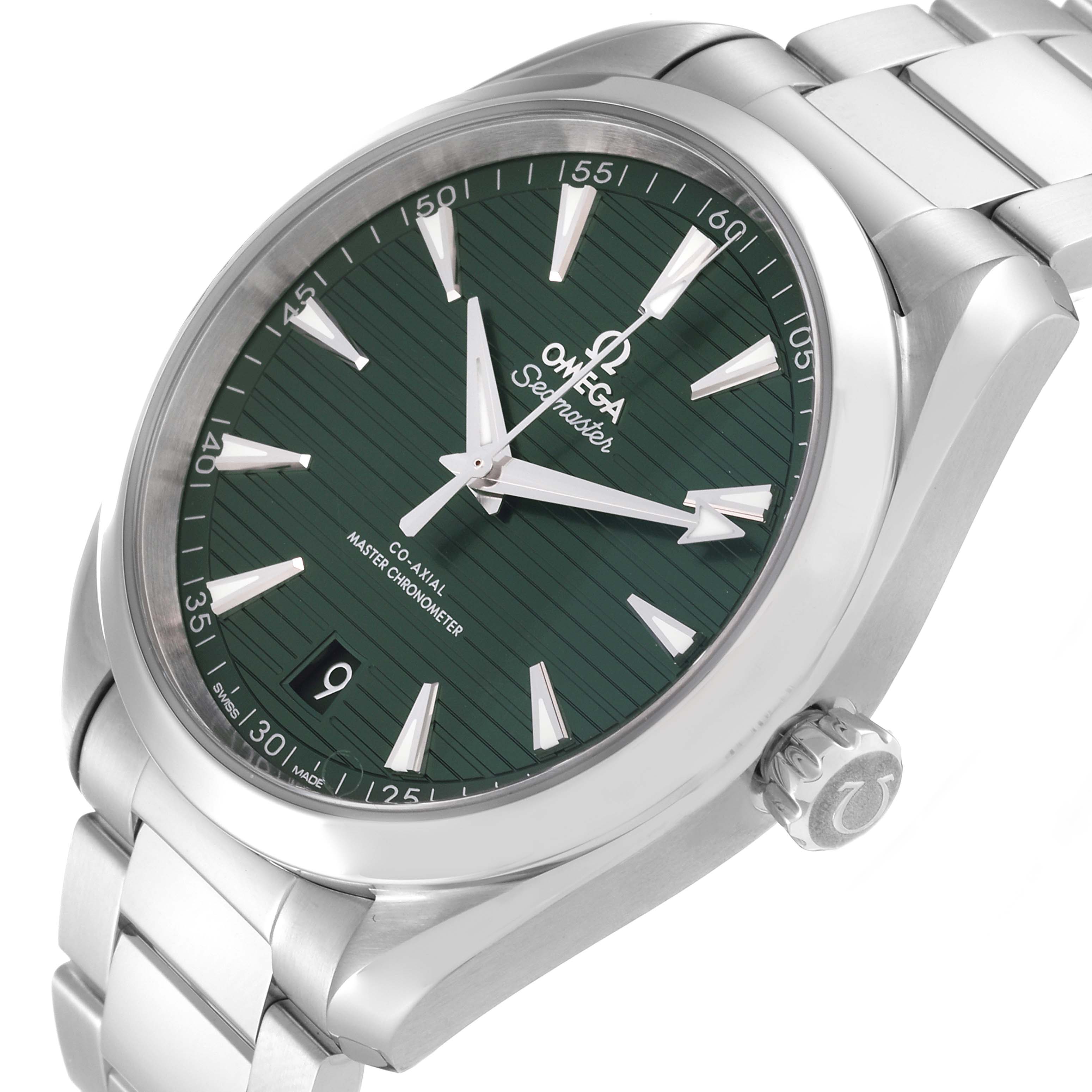 The image shows an angled close-up of the Omega Aqua Terra 220.10.41.21.10.001 Men's Stainless Steel Green Dial 220.10.41.21.10.001 Men's Stainless Steel Green Dial watch, highlighting the face, bracelet, and crown.