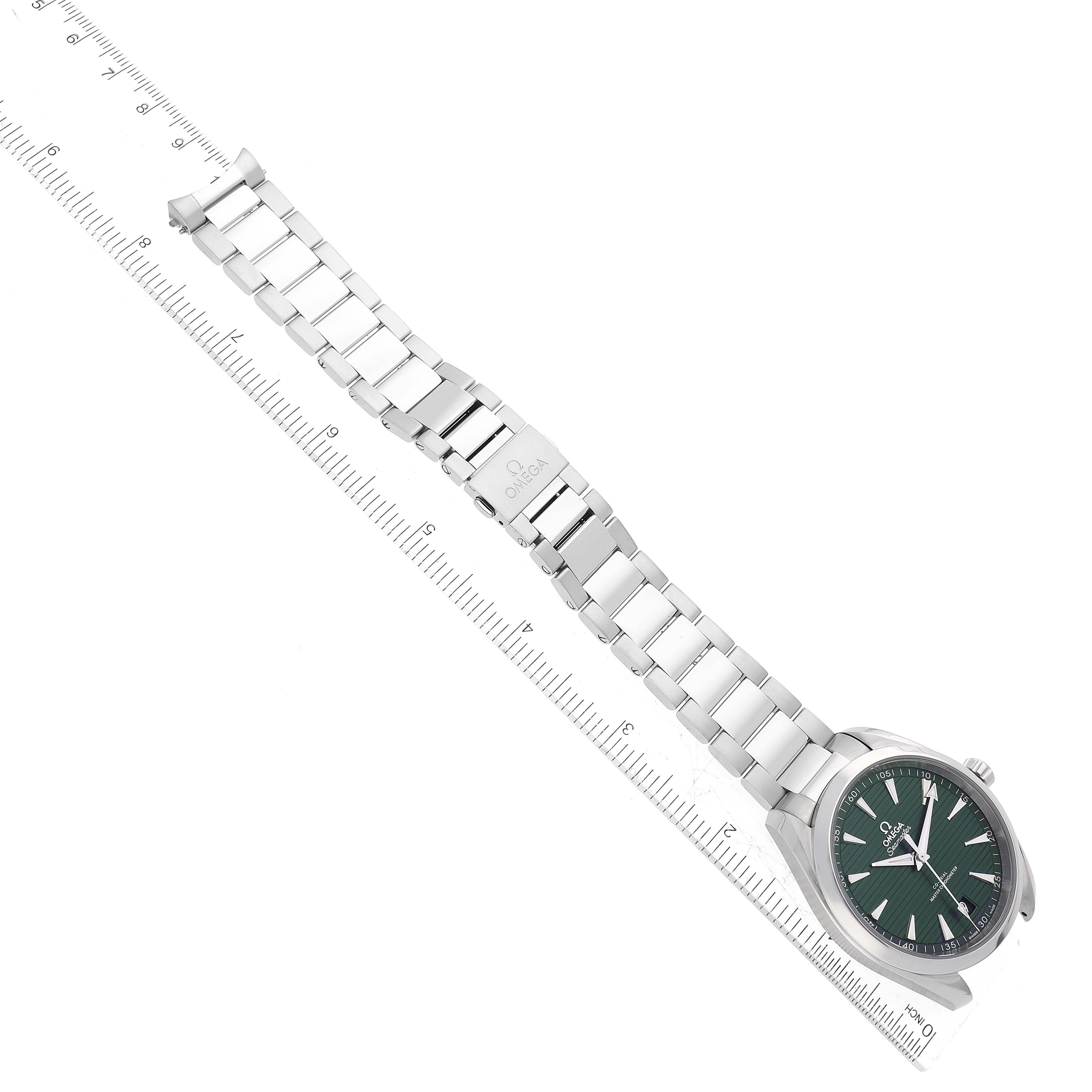 This image shows the Omega Aqua Terra 220.10.41.21.10.001 Men's Stainless Steel Green Dial 220.10.41.21.10.001 Men's Stainless Steel Green Dial watch laid flat, displaying the face, bracelet, and clasp.