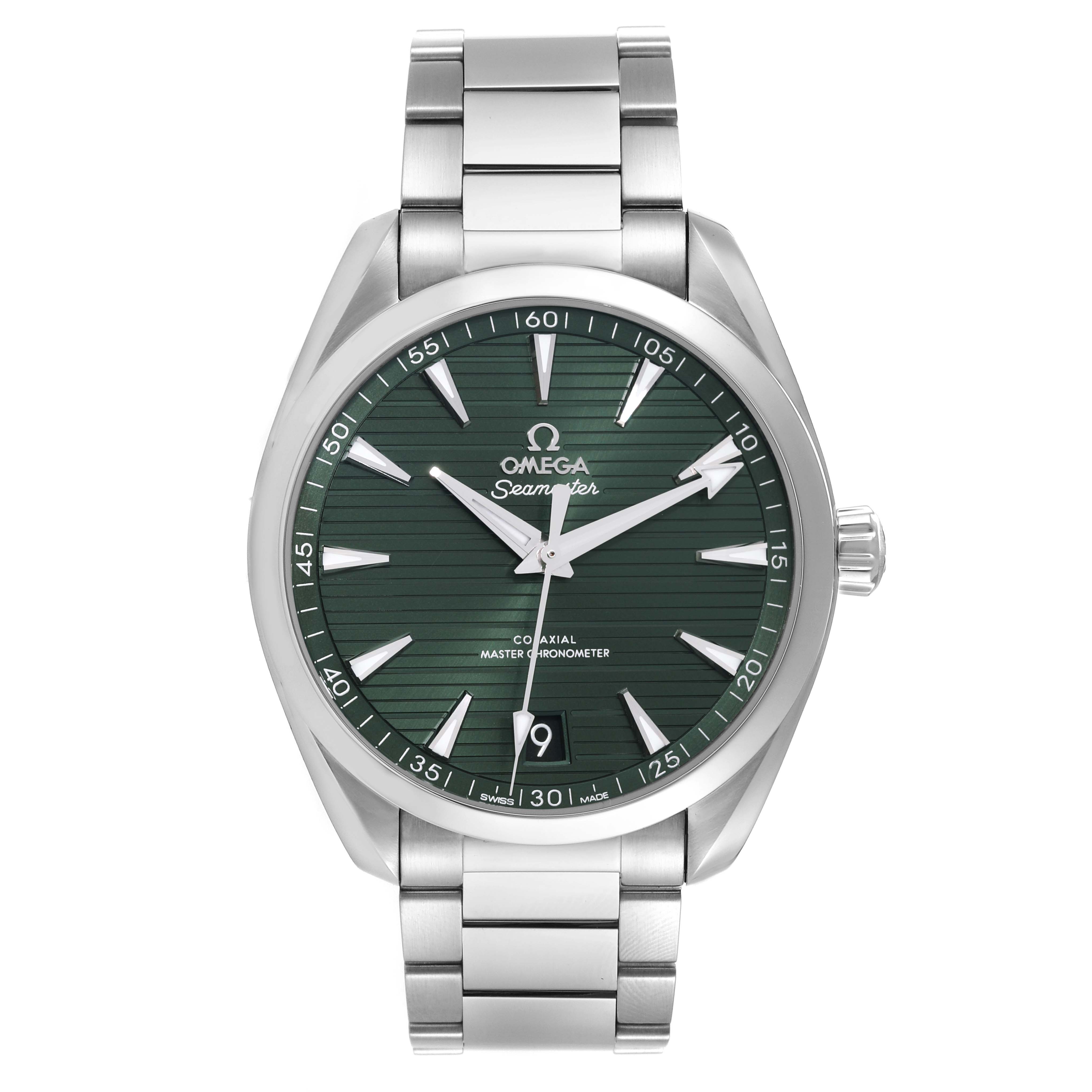 This image shows a front view of the Omega Aqua Terra 220.10.41.21.10.001 Men's Stainless Steel Green Dial 220.10.41.21.10.001 Men's Stainless Steel Green Dial Seamaster watch, displaying its green dial, stainless steel bracelet, and crown.