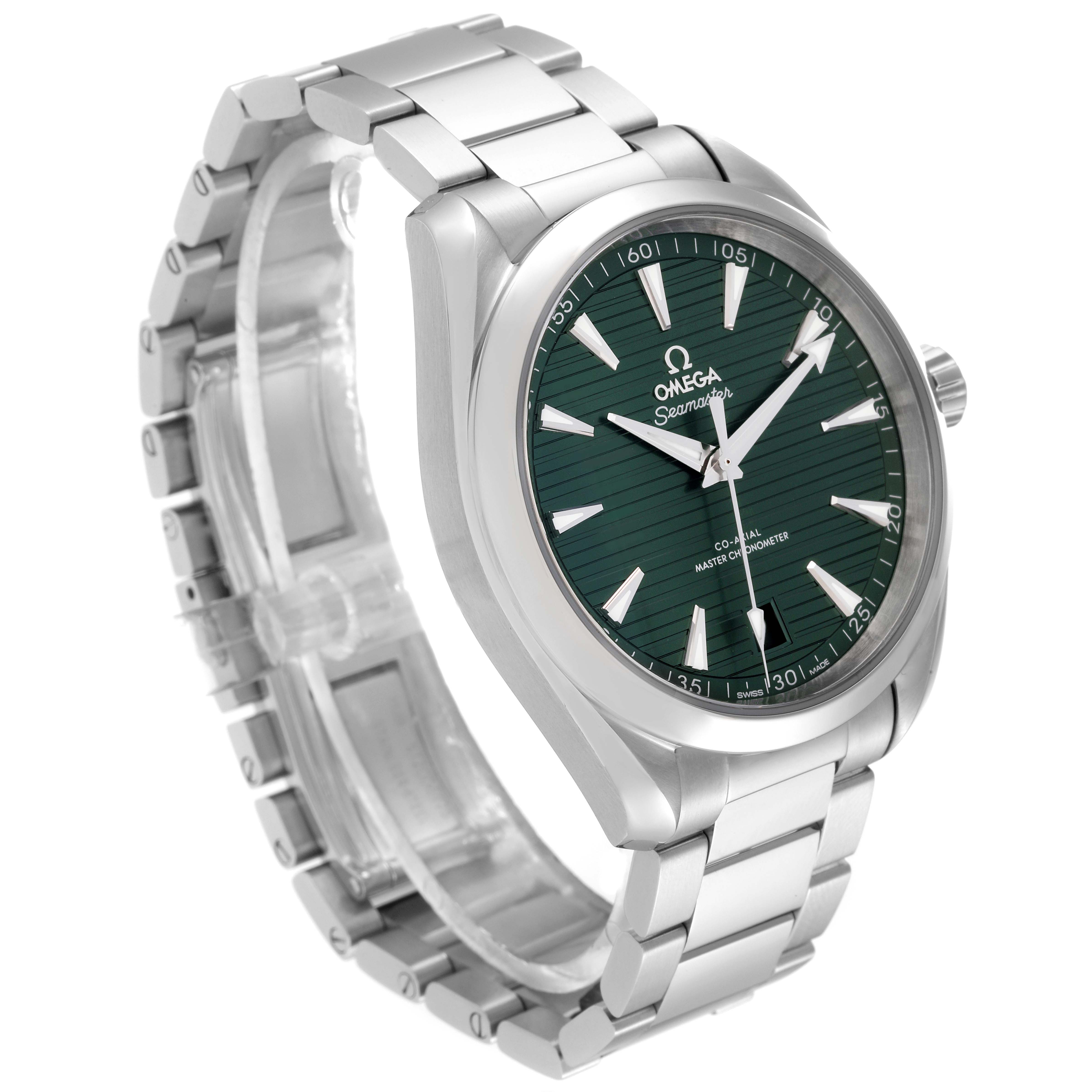 A side angle view of the Omega Aqua Terra 220.10.41.21.10.001 Men's Stainless Steel Green Dial 220.10.41.21.10.001 Men's Stainless Steel Green Dial watch showing its green dial, steel case, and bracelet.
