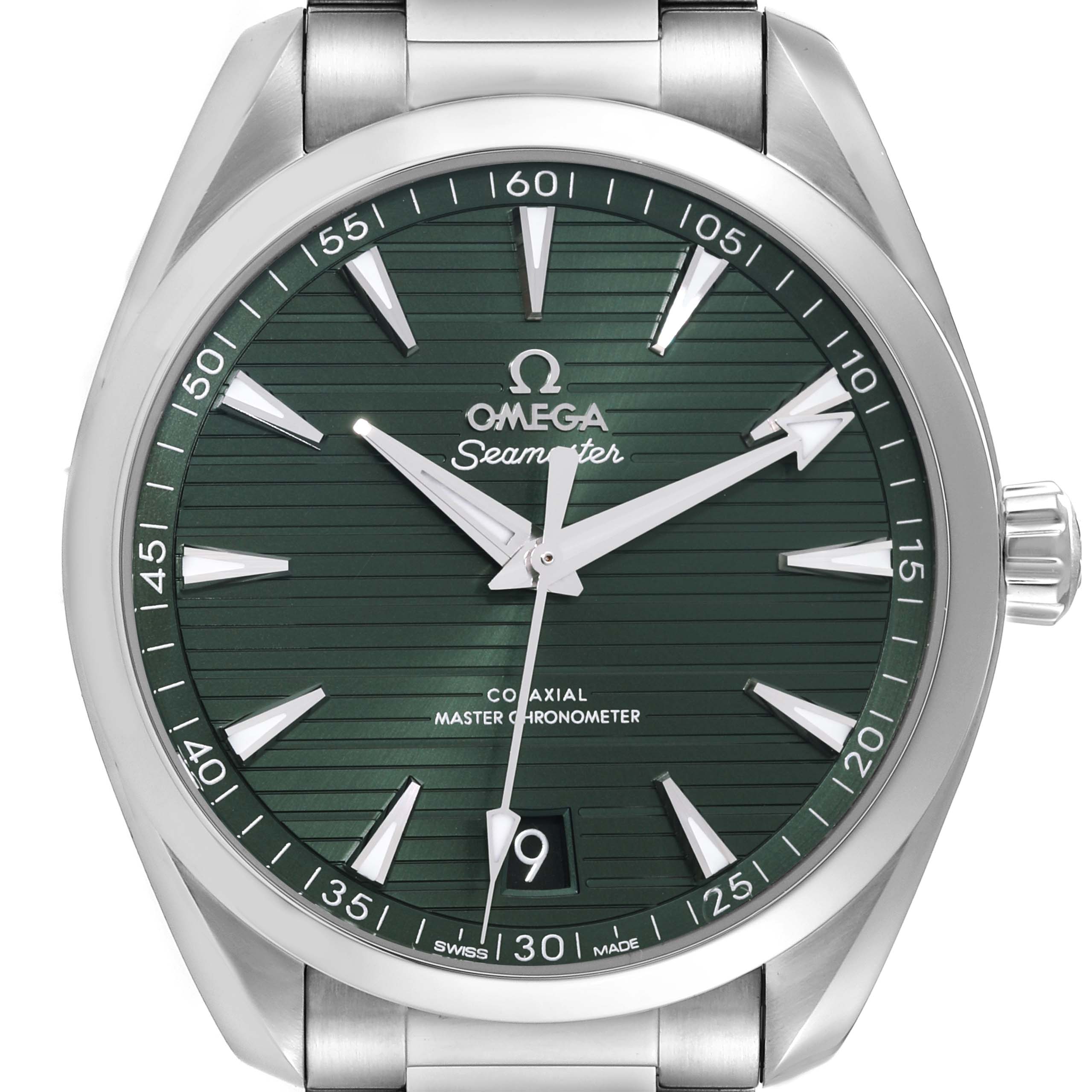 The image shows a front close-up of the Omega Aqua Terra 220.10.41.21.10.001 Men's Stainless Steel Green Dial 220.10.41.21.10.001 Men's Stainless Steel Green Dial watch, highlighting its green dial and stainless steel bracelet.
