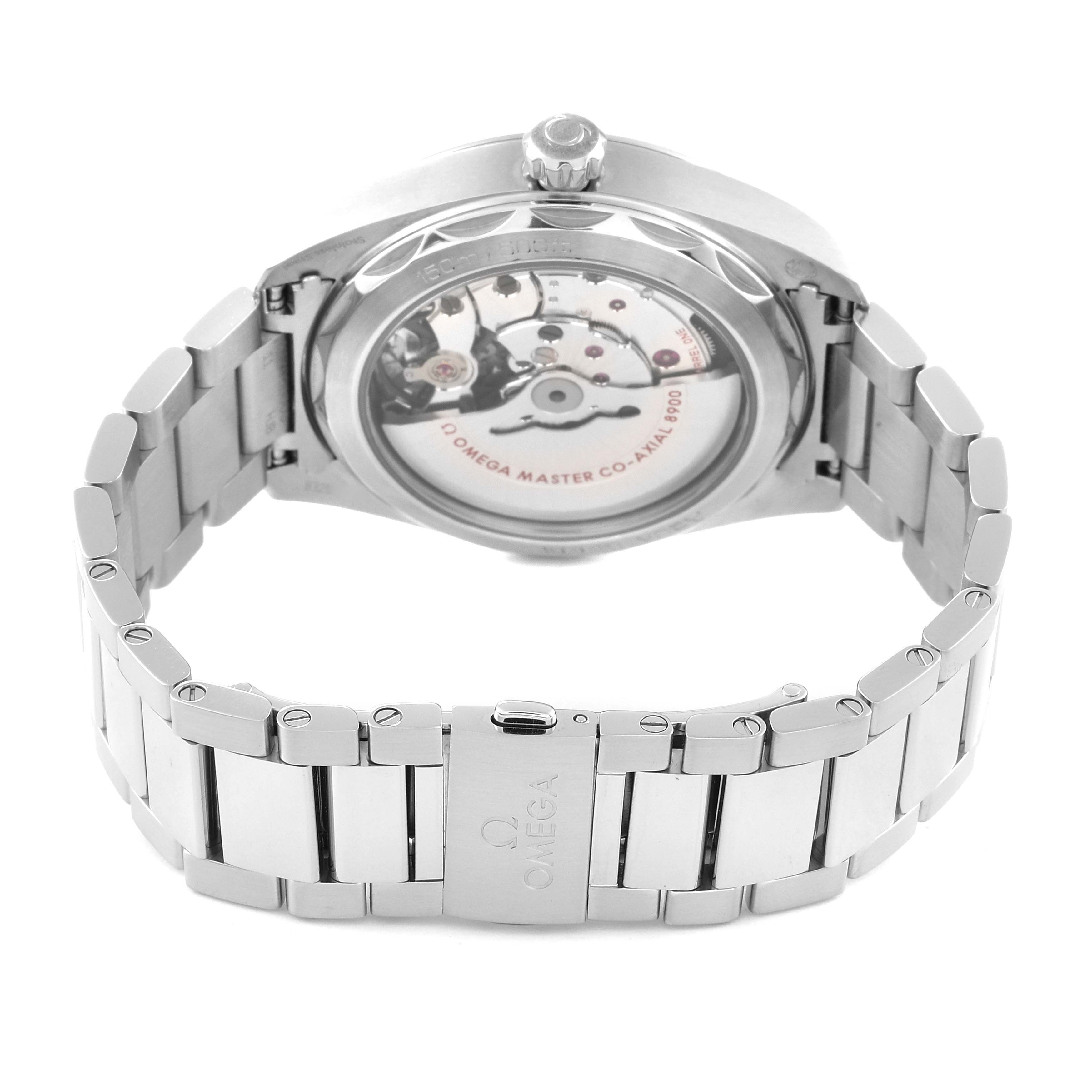 The image shows the back and bracelet of an Omega Aqua Terra 220.10.41.21.10.001 Men's Stainless Steel Green Dial 220.10.41.21.10.001 Men's Stainless Steel Green Dial watch, highlighting the exposed movement and clasp.