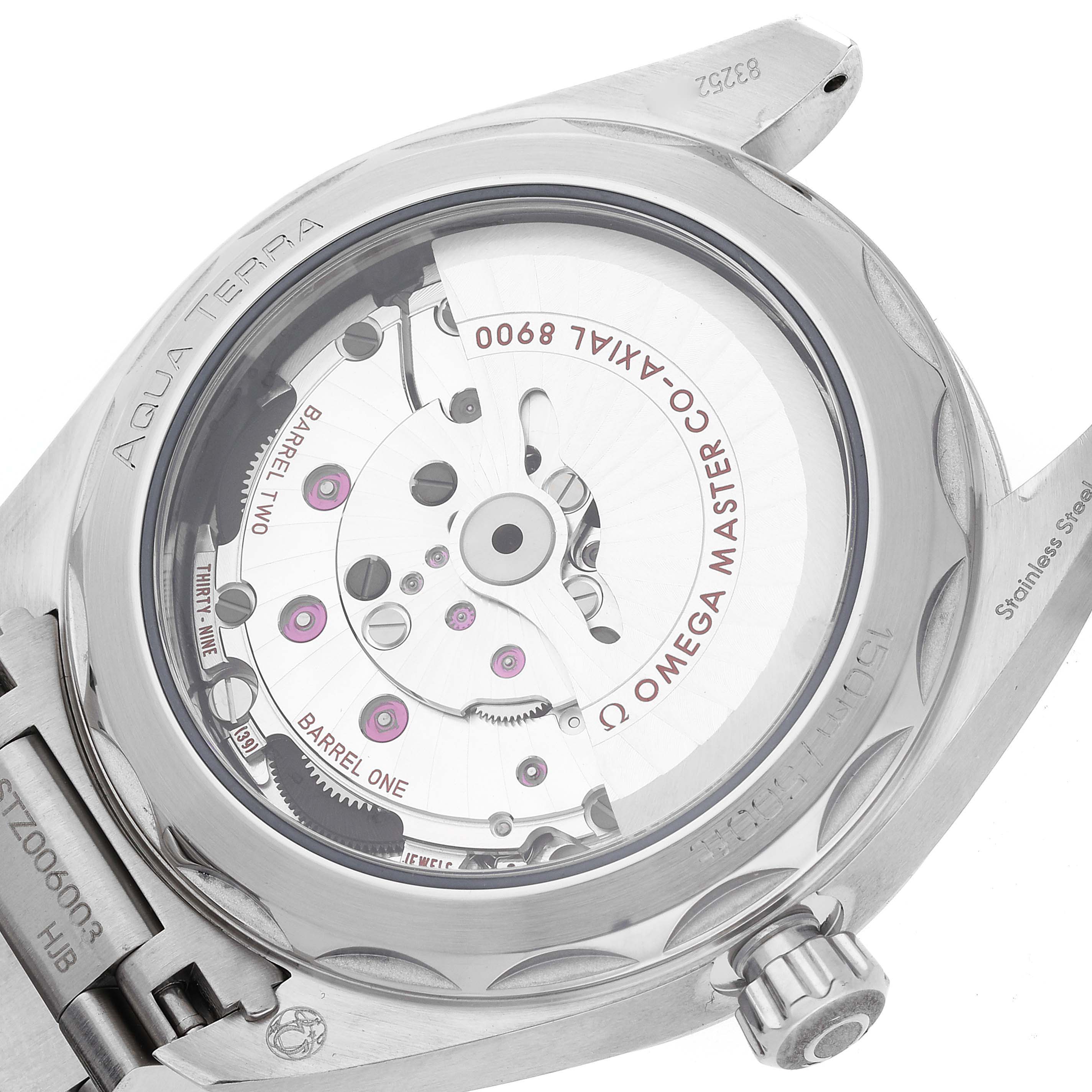 The image shows the back view of an Omega Aqua Terra 220.10.41.21.10.001 Men's Stainless Steel Green Dial 220.10.41.21.10.001 Men's Stainless Steel Green Dial watch, highlighting its internal mechanics and stainless steel case.