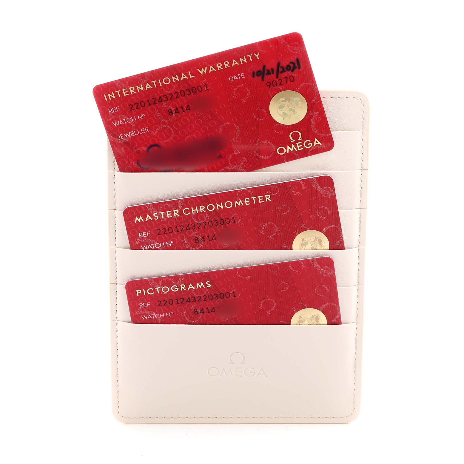 This image shows warranty and certification cards in a holder for the Omega Aqua Terra 220.12.43.22.03.001 Men's Stainless Steel Blue Dial model.