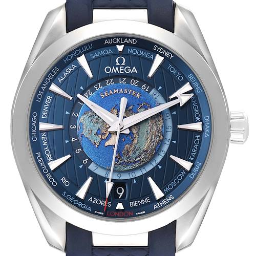 The image shows a frontal view of the Omega Aqua Terra 220.12.43.22.03.001 Men's Stainless Steel Blue Dial watch, highlighting its world time display and city ring.