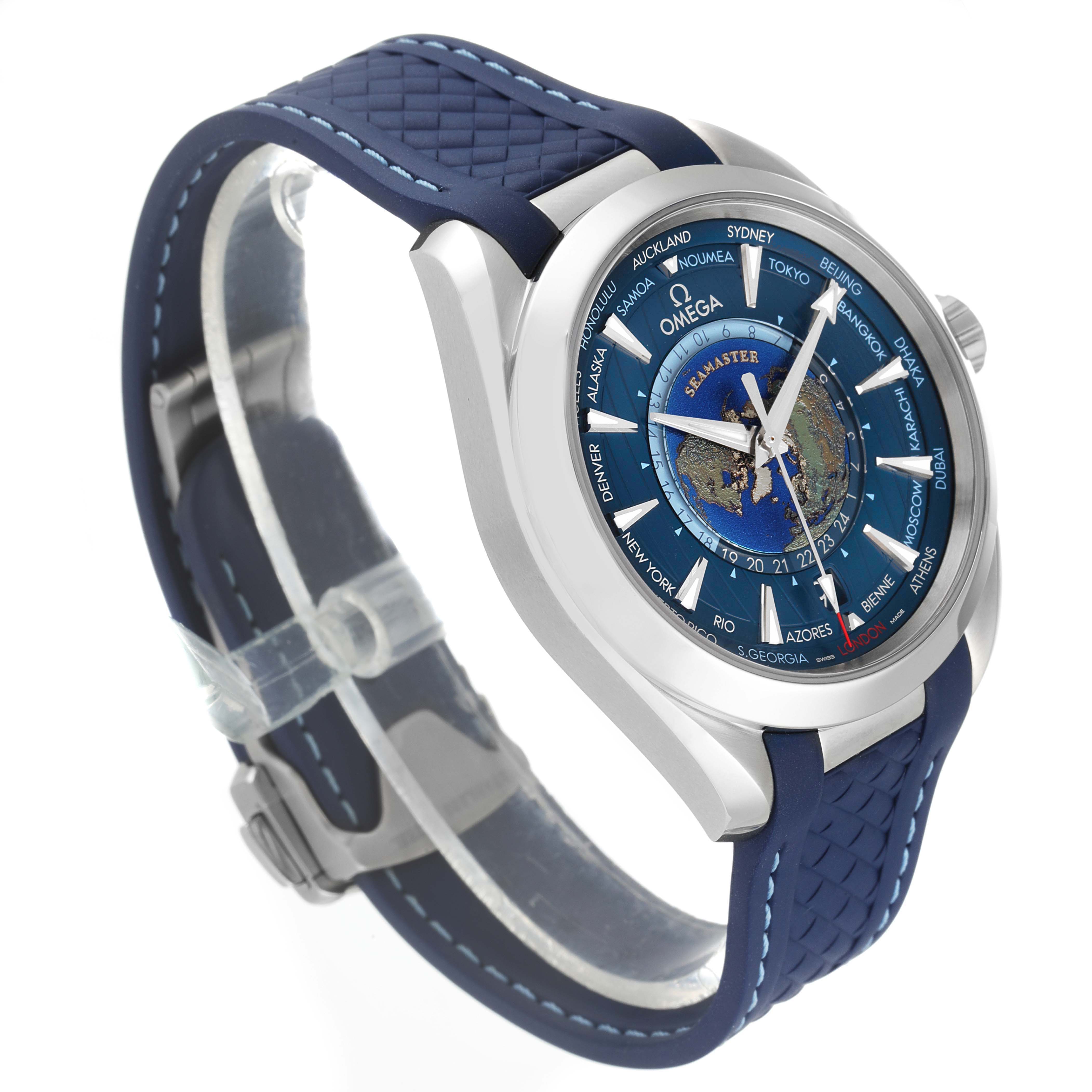 The Omega Aqua Terra 220.12.43.22.03.001 Men's Stainless Steel Blue Dial watch is shown from a three-quarter angle, highlighting the dial, bezel, crown, and blue strap.