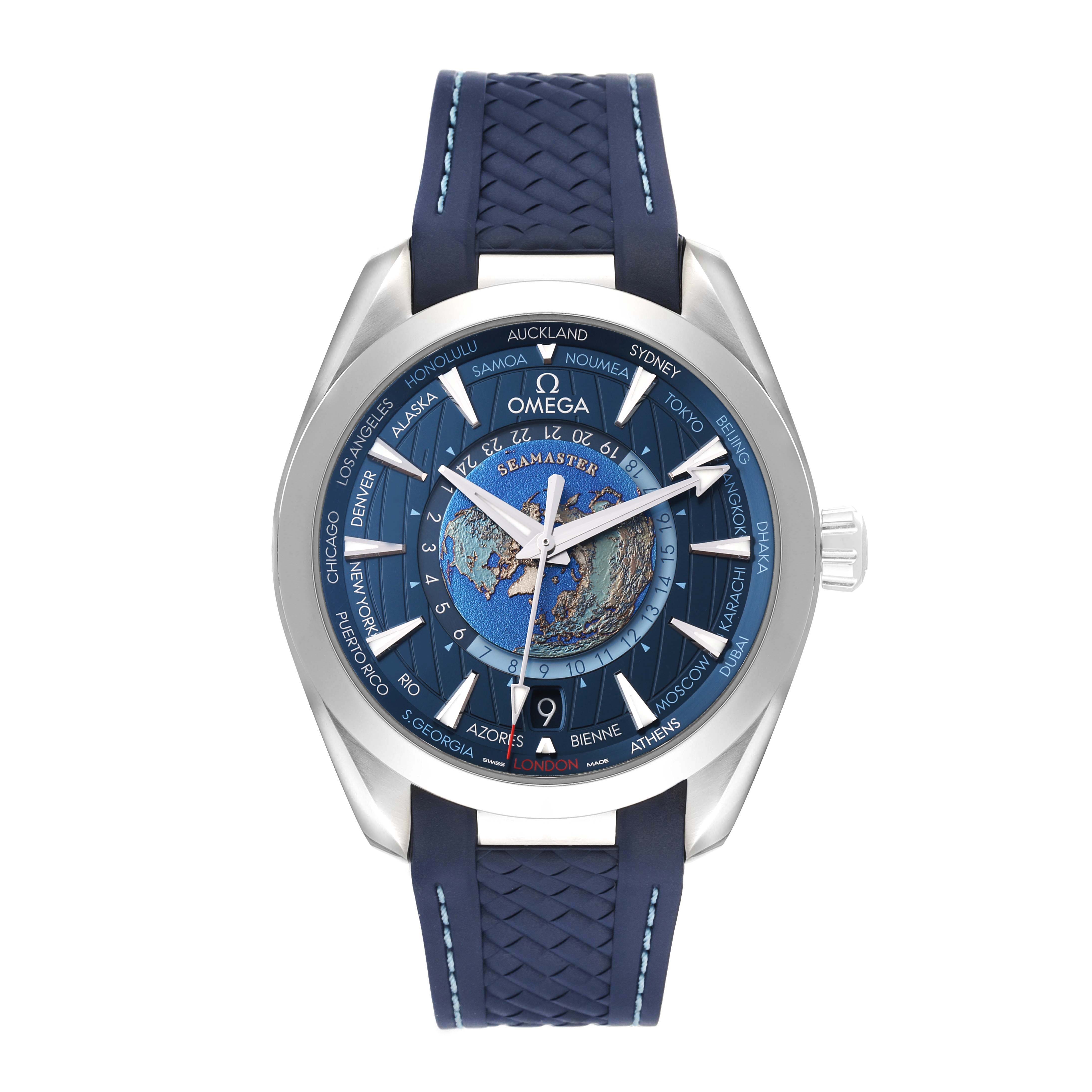 The Omega Aqua Terra 220.12.43.22.03.001 Men's Stainless Steel Blue Dial watch is shown from a front view, highlighting the dial, hands, bezel, and blue strap.