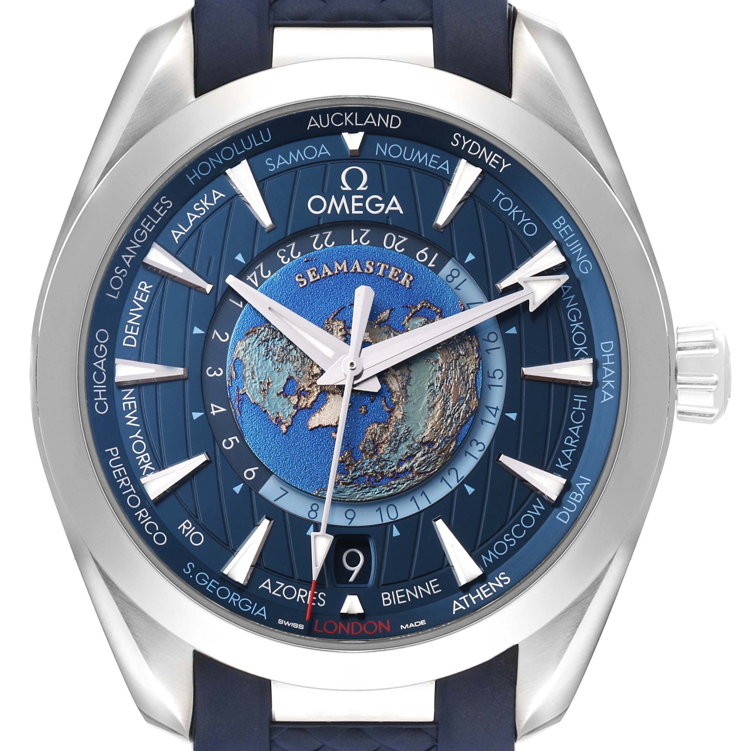 The Omega Aqua Terra 220.12.43.22.03.001 Men's Stainless Steel Blue Dial watch is shown from the front, highlighting its dial with world time zones and earth design.
