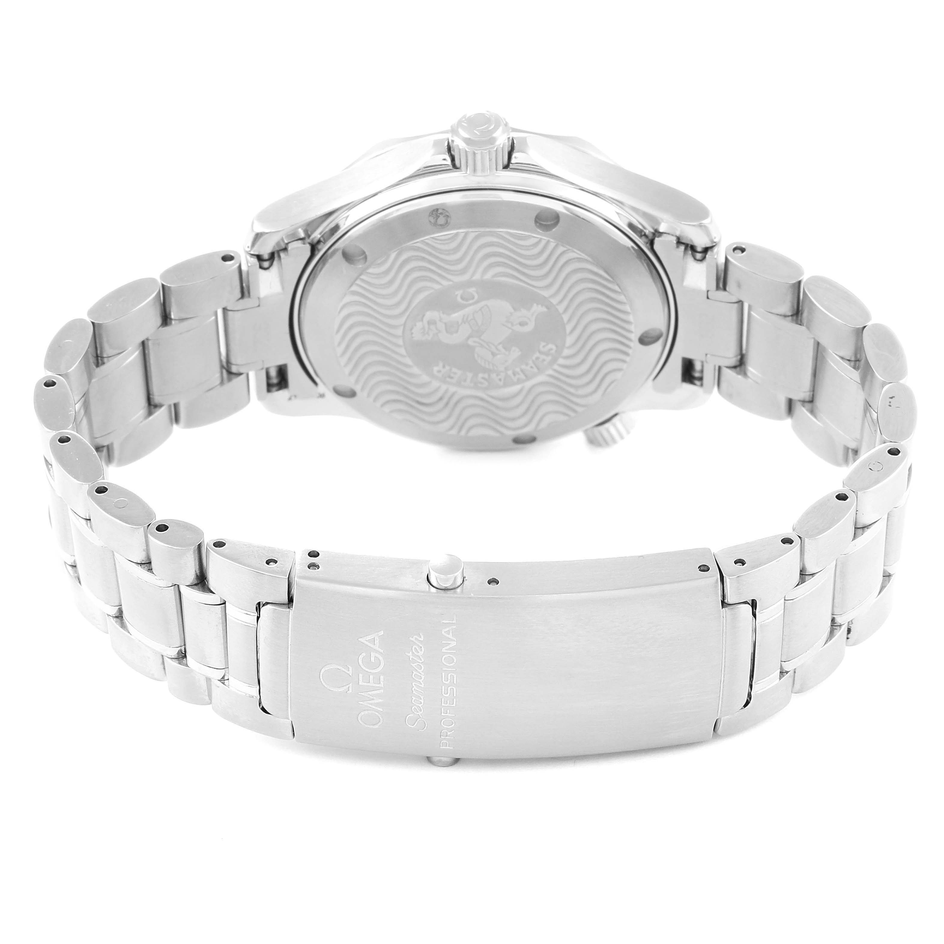 The image shows the back case, clasp, and bracelet of the Omega Seamaster 2262.50.00 Men
s Stainless Steel Black Dial 2262.50.00 Men
s Stainless Steel Black Dial watch at an overhead angle.