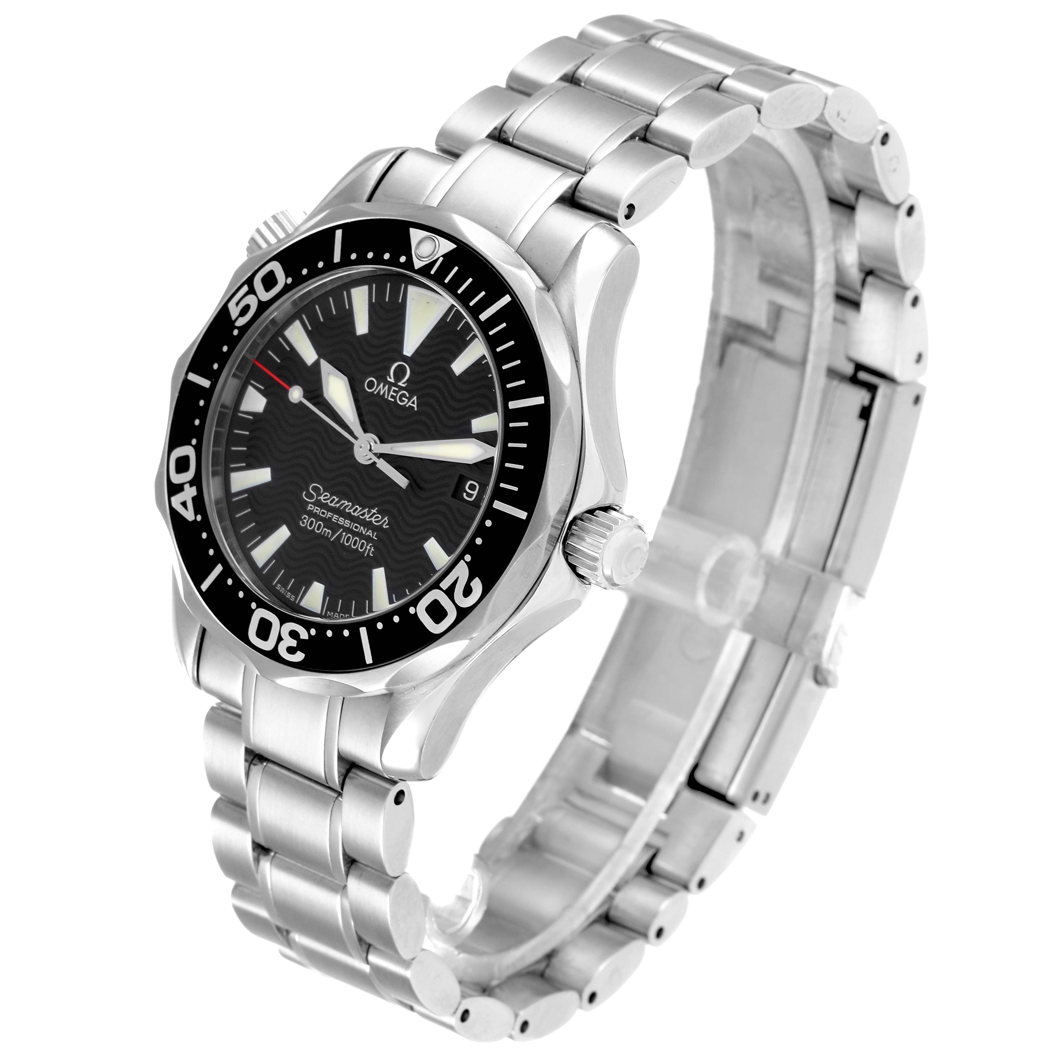 The image shows an Omega Seamaster 2262.50.00 Men
s Stainless Steel Black Dial 2262.50.00 Men
s Stainless Steel Black Dial watch at a tilted three-quarter angle, highlighting the dial, bezel, and metal bracelet.