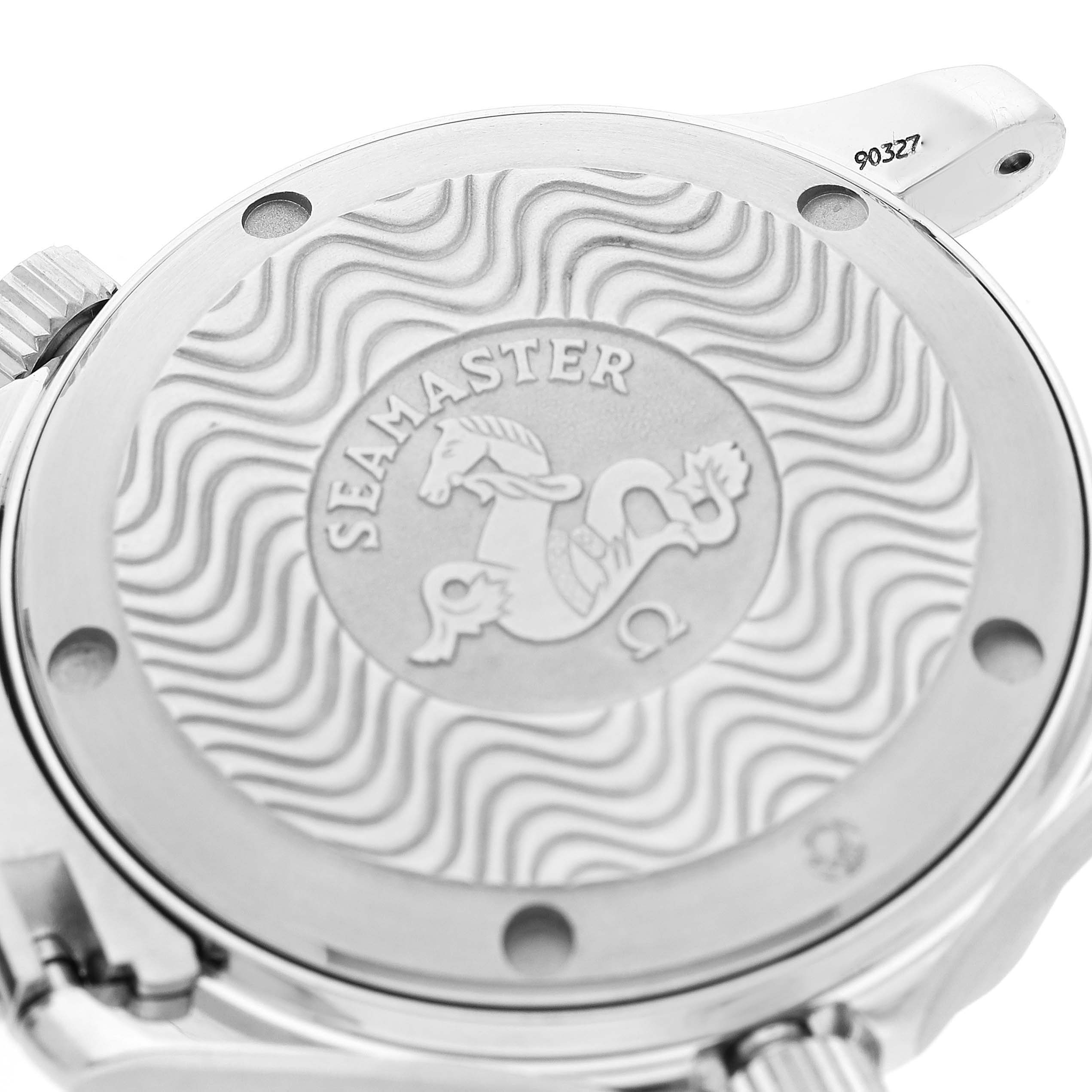 The image shows the back case of an Omega Seamaster 2262.50.00 Men
s Stainless Steel Black Dial 2262.50.00 Men
s Stainless Steel Black Dial watch, featuring the brand engraving and wave pattern design.