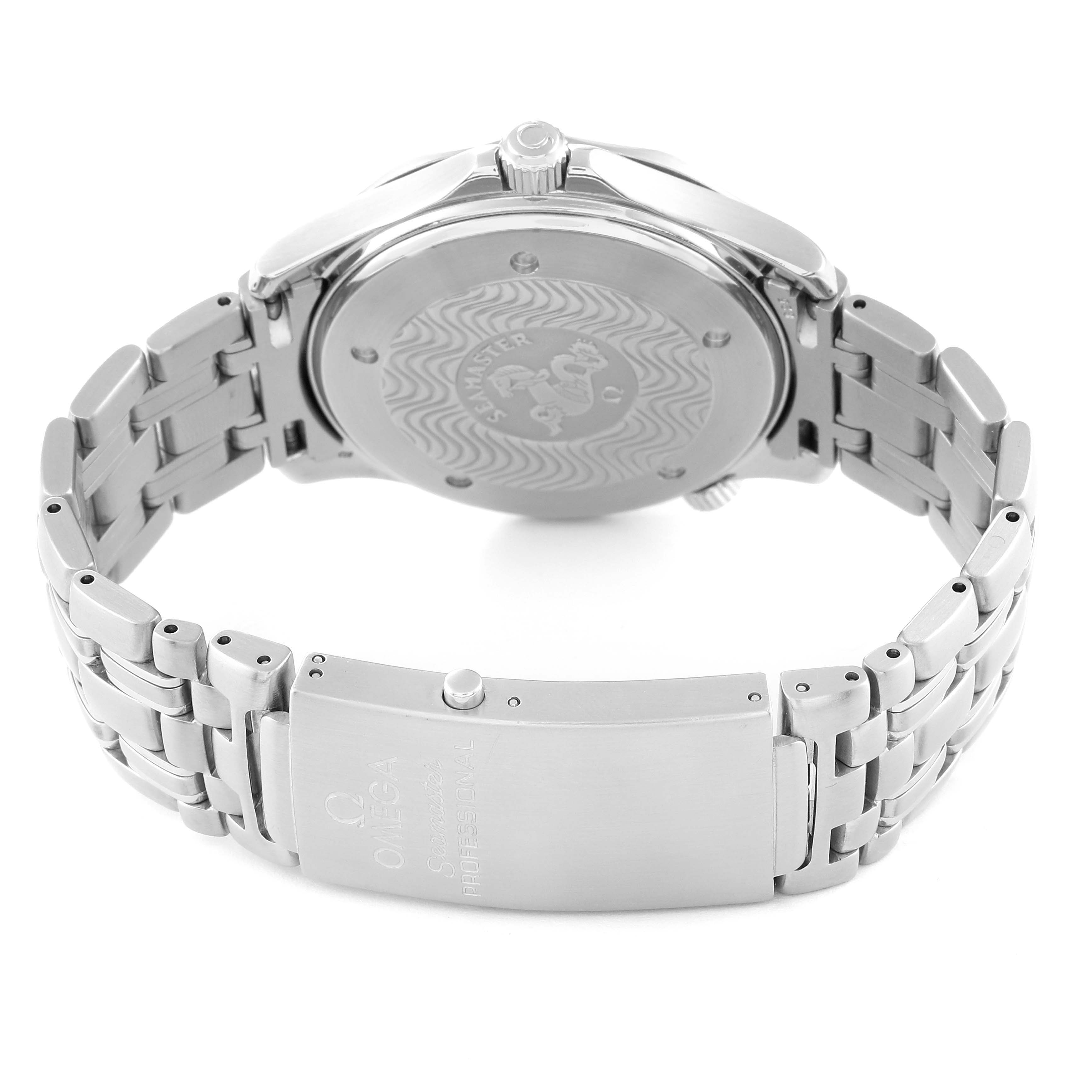 The image shows the back case, bracelet, and clasp of an Omega Seamaster 2531.80.00 Men
s Stainless Steel Blue Dial 2531.80.00 Men
s Stainless Steel Blue Dial watch from a rear angle.