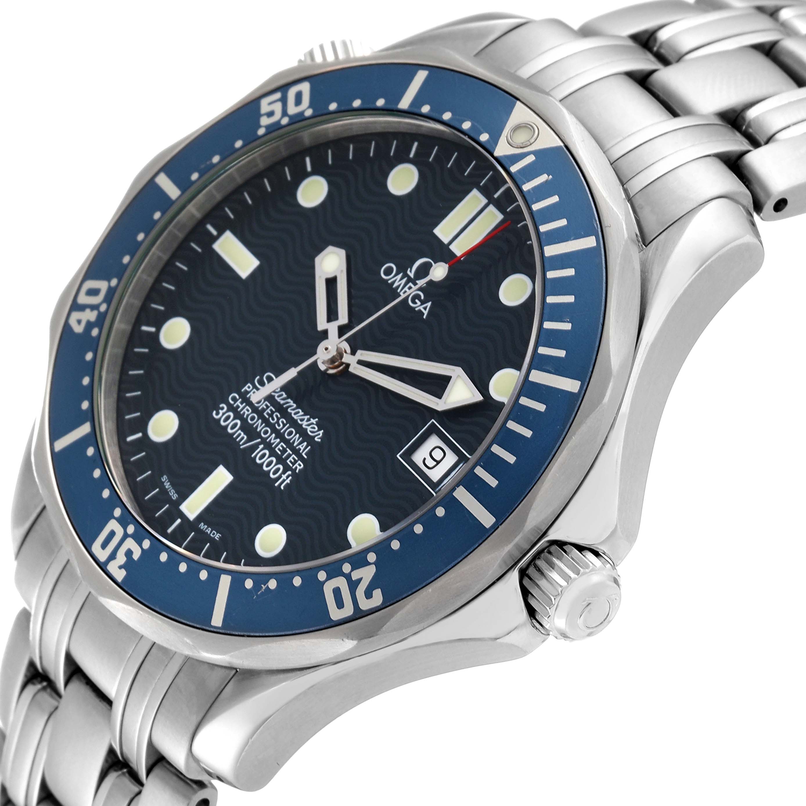 The image shows an Omega Seamaster 2531.80.00 Men
s Stainless Steel Blue Dial 2531.80.00 Men
s Stainless Steel Blue Dial watch from an angled side view, highlighting the dial, bezel, crown, and part of the bracelet.